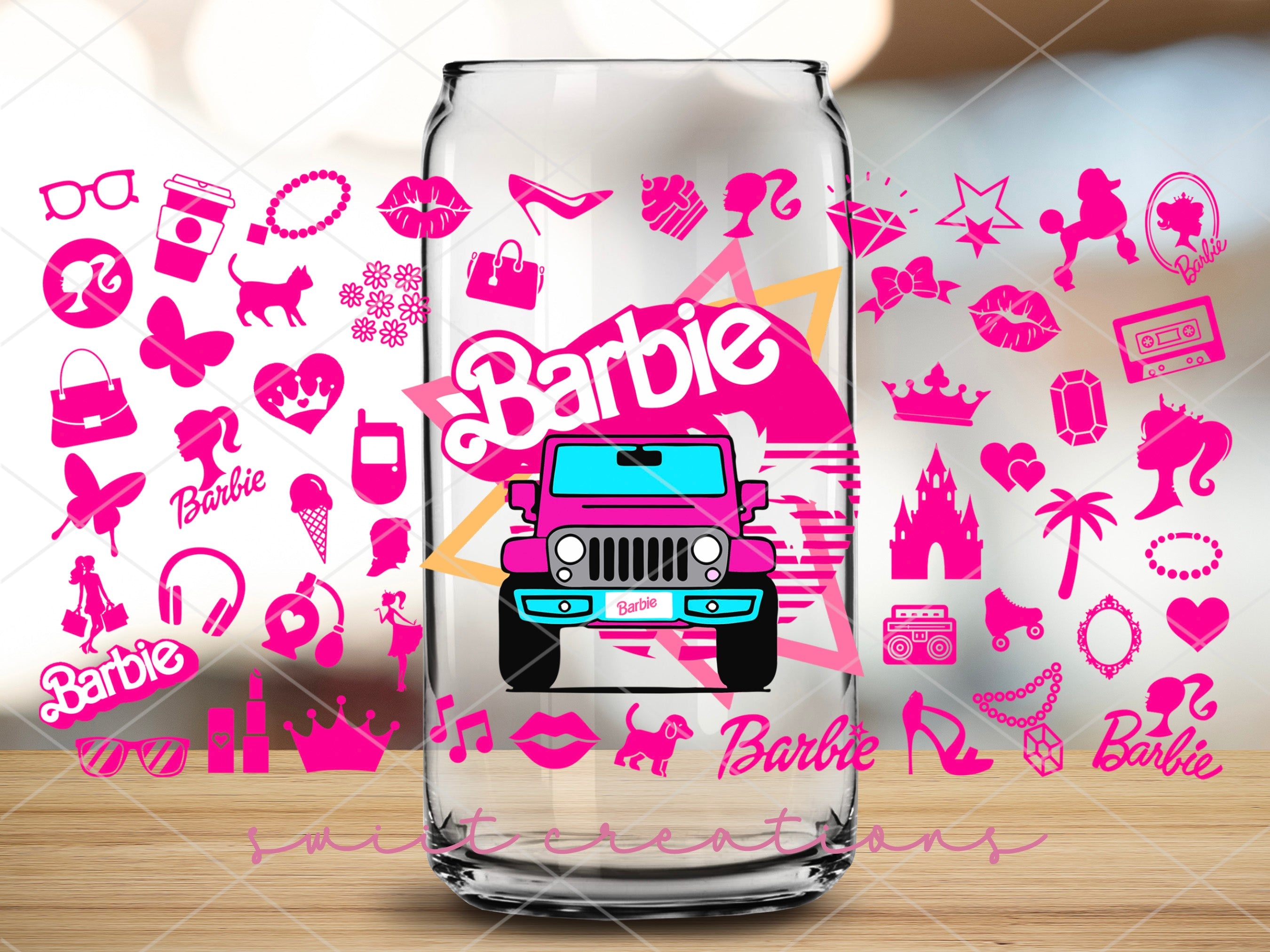 a glass jar with a picture of a jeep on it