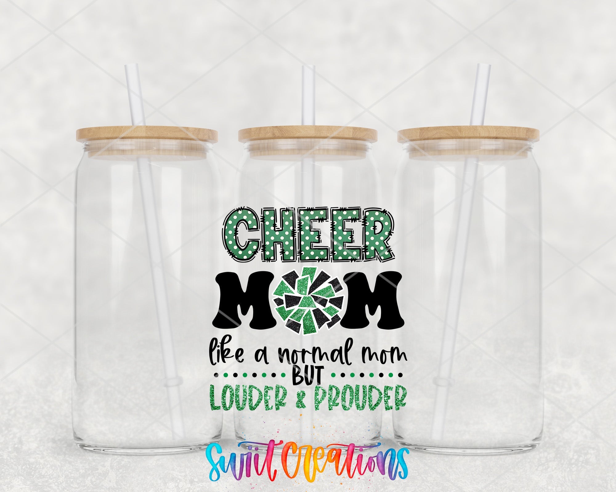 two clear tumblers with the words cheer mom and a shamrock