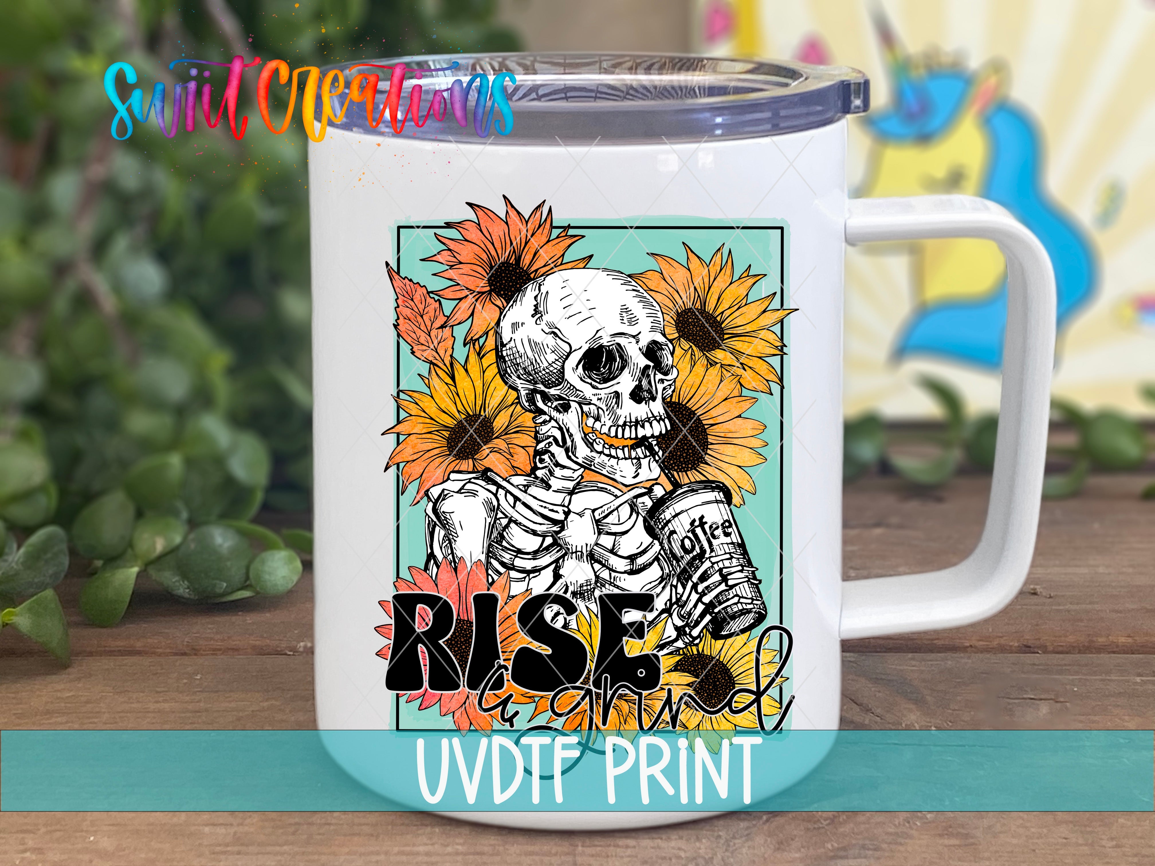 a white coffee mug with a skeleton holding a sunflower