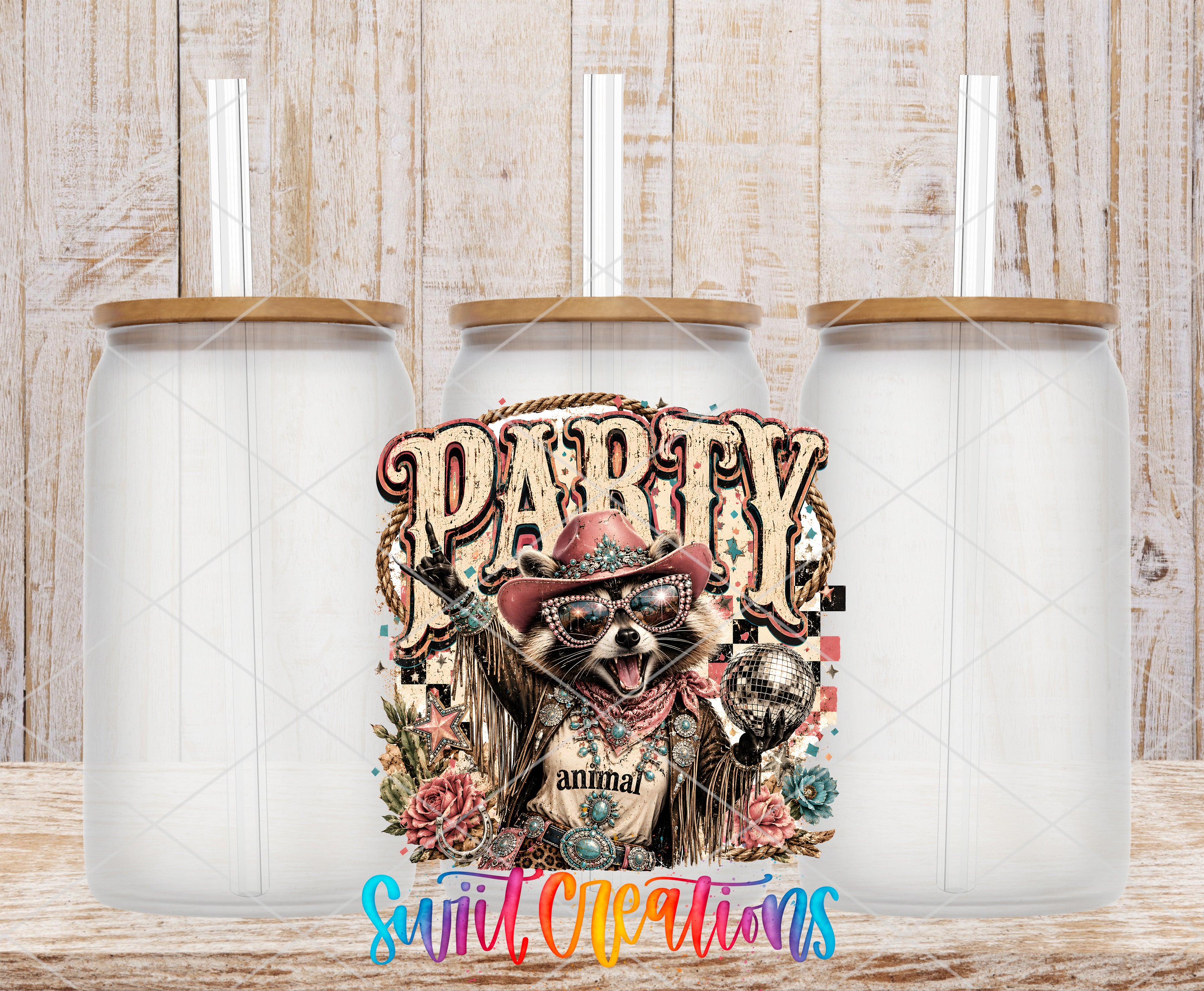 a colorful and whimsical design of a raccoon wearing sunglasses and a cowboy hat, surrounded by various decorative elements such as flowers and a checkerboard pattern.