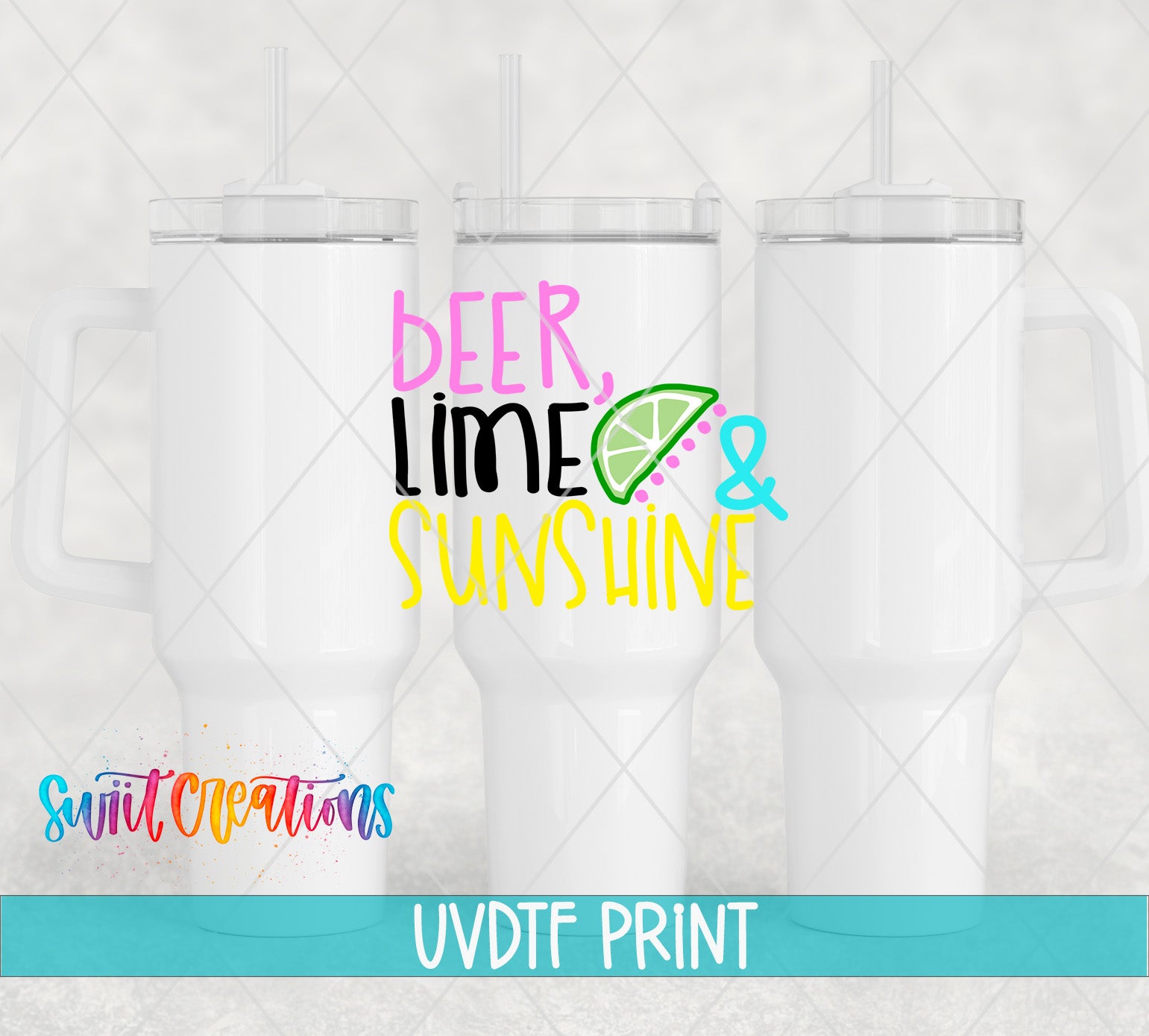 three white tumblers with colorful text and graphics printed on them.