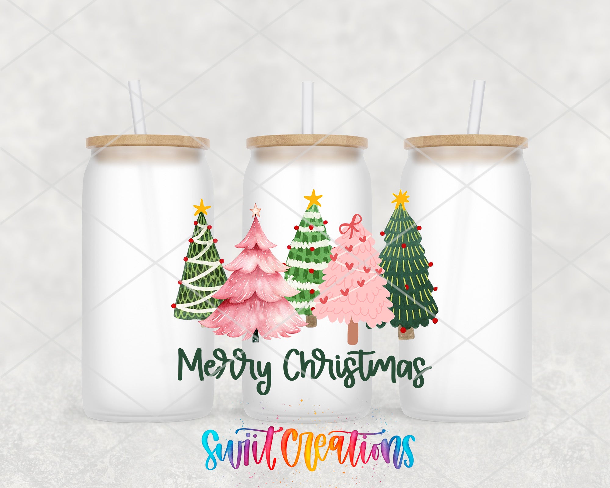 three christmas trees painted on mason jars with a merry christmas message