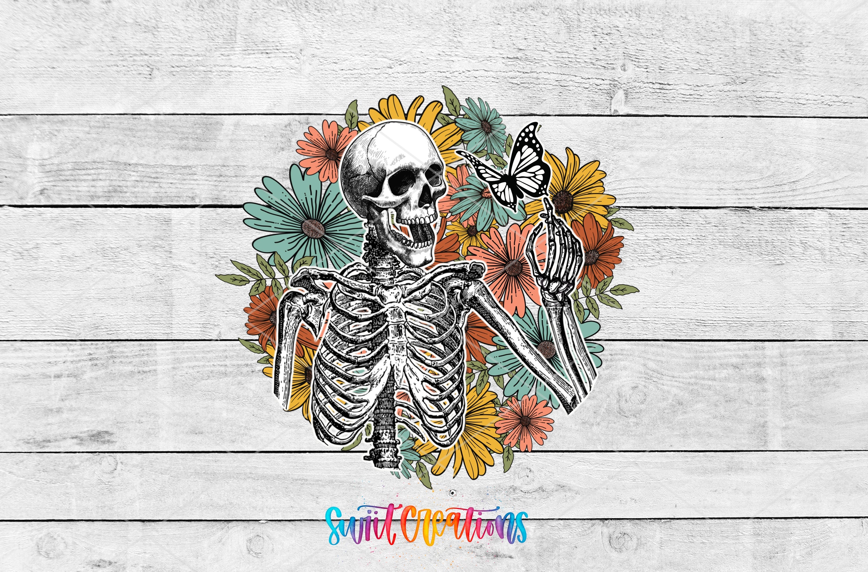 a drawing of a skeleton with flowers and a butterfly