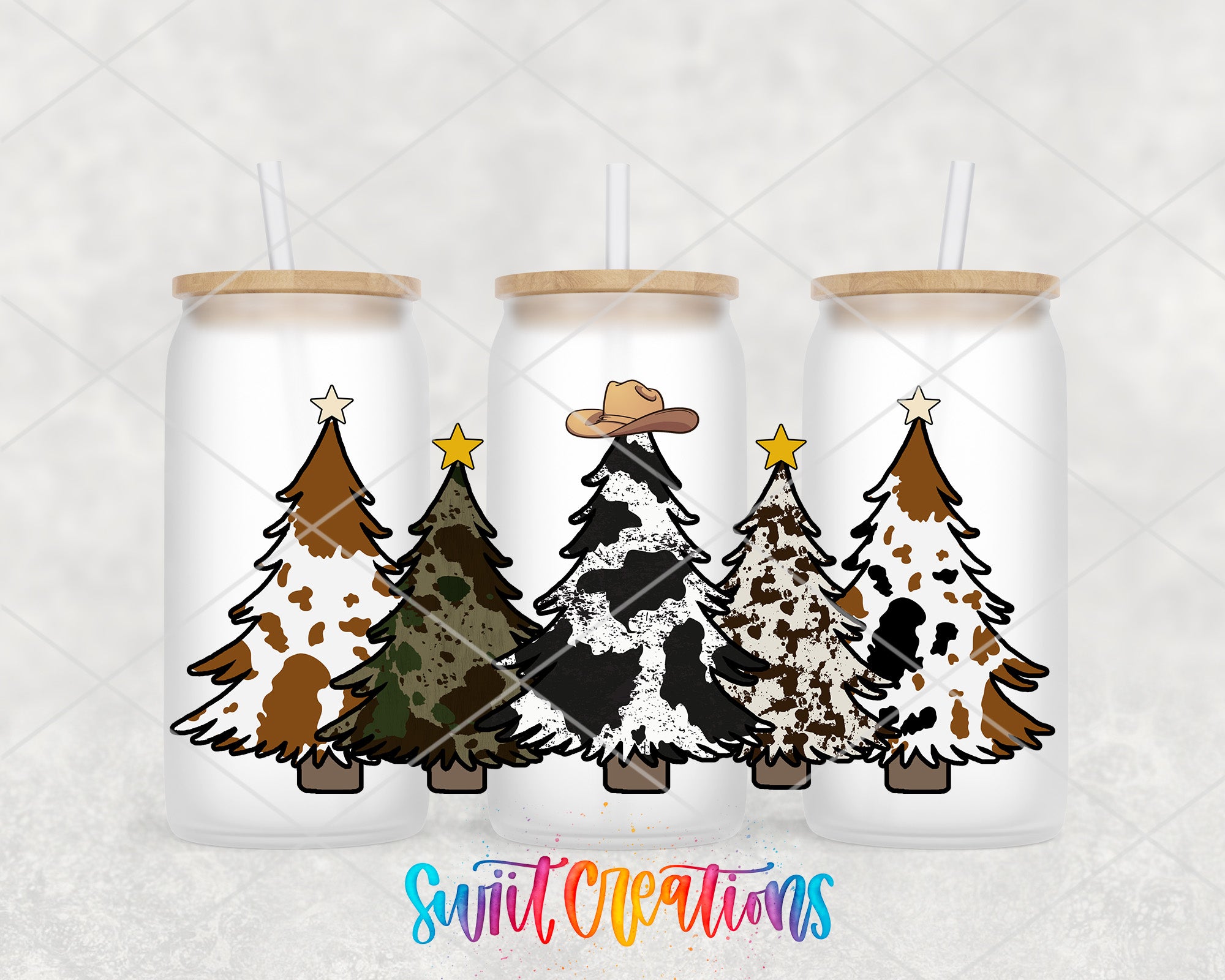 three christmas trees painted on mason jars