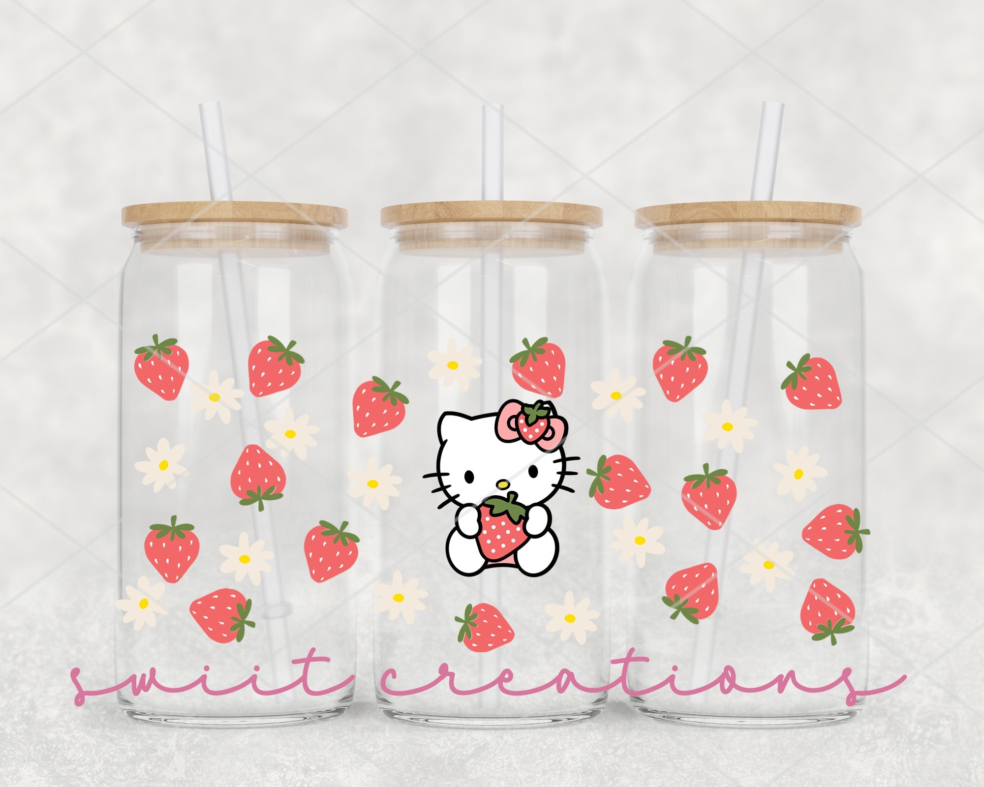 two hello kitty tumblers with strawberries on them
