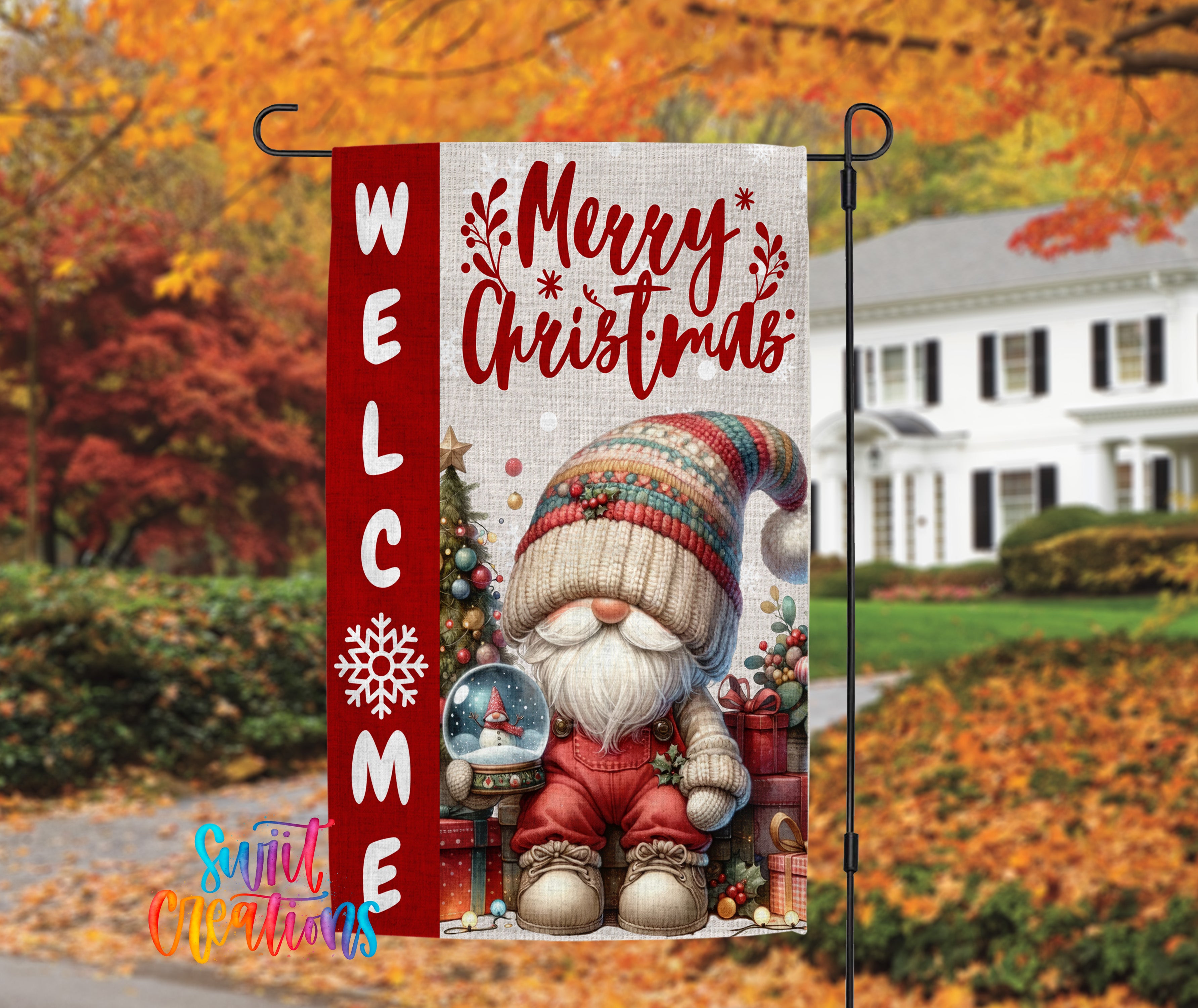 A colorful welcome banner featuring a gnome holding a snow globe, with the text "Merry Christmas" displayed prominently.