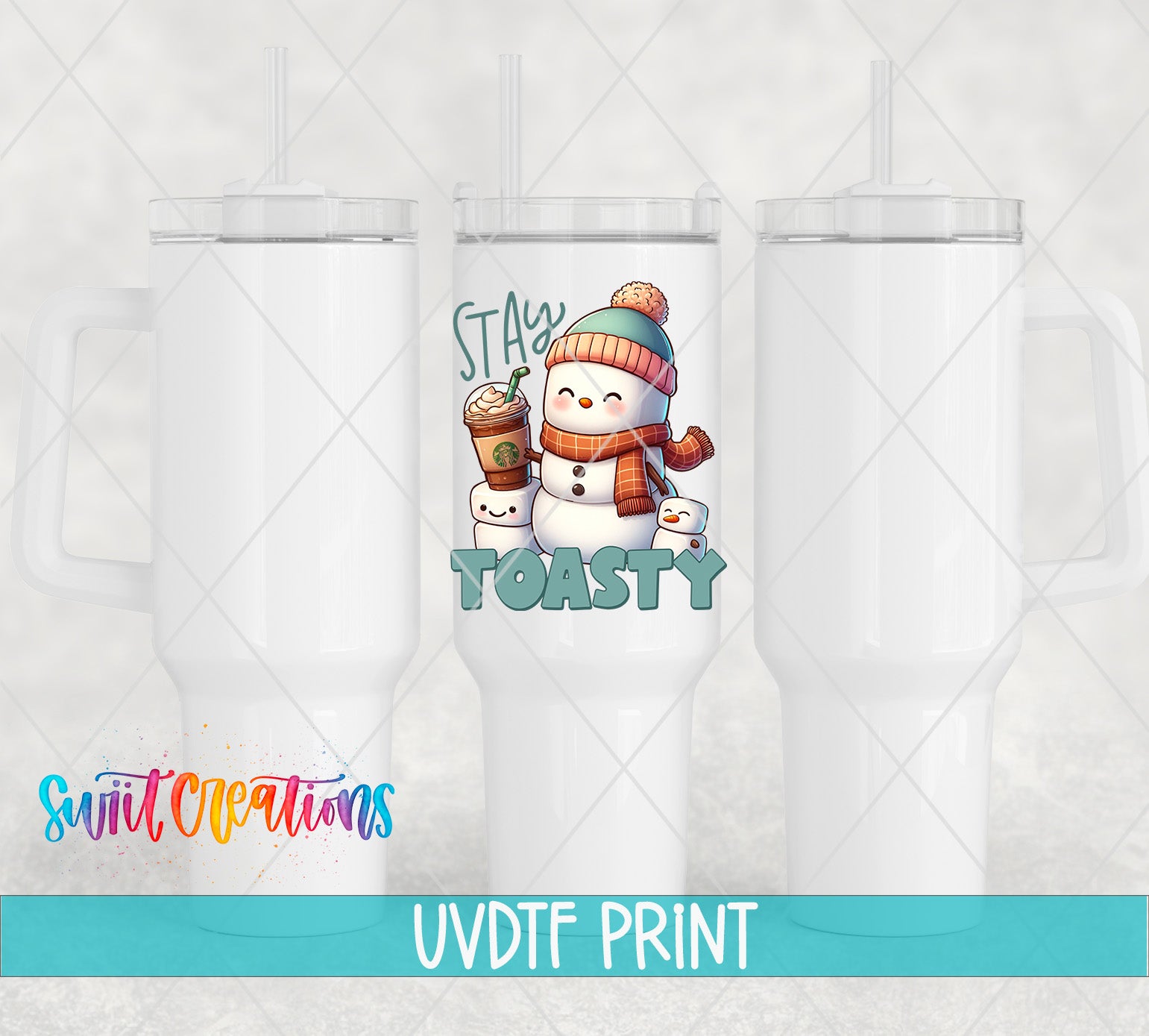 a white tumbler with a picture of a snowman holding a cup