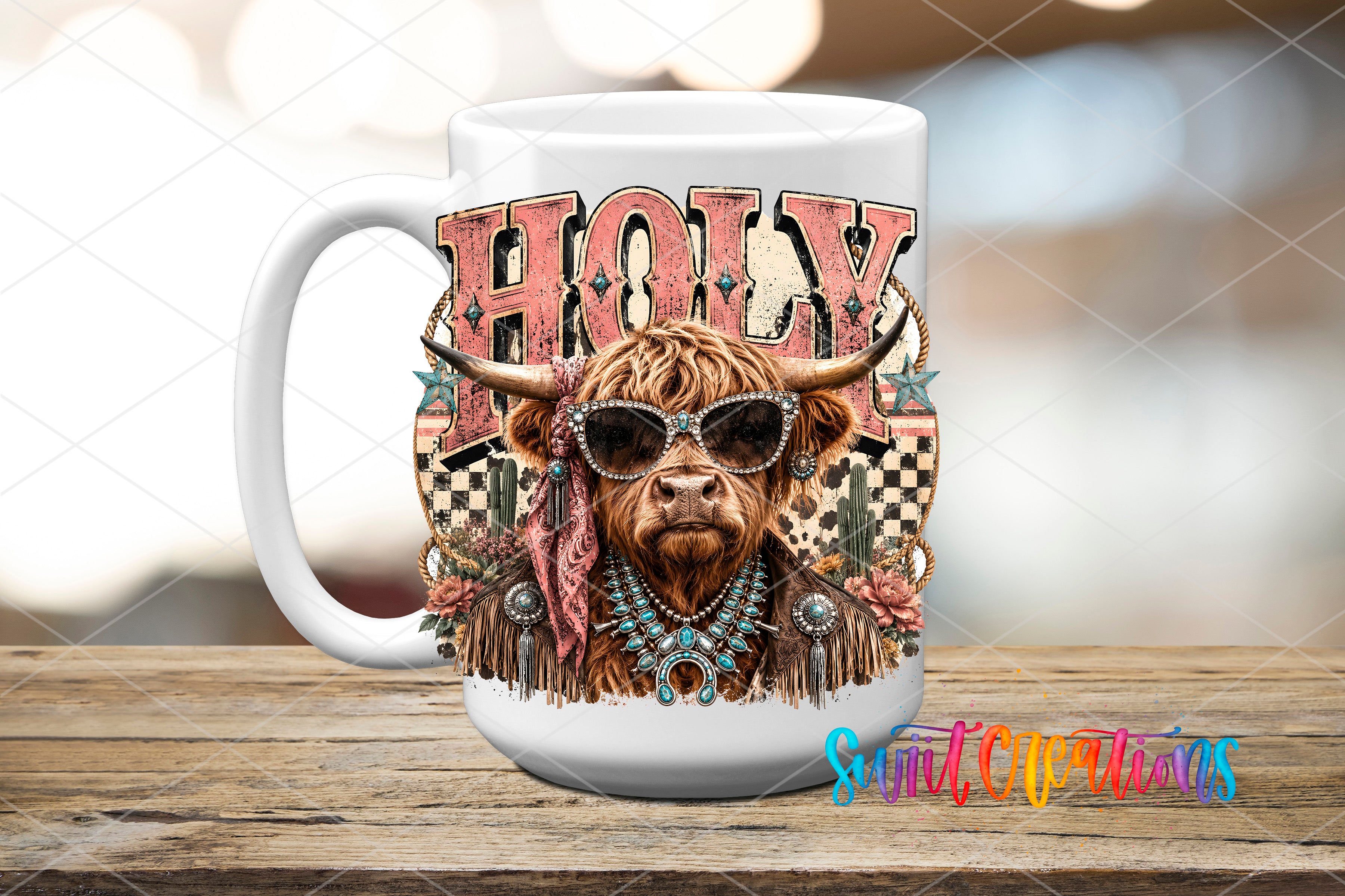 A mug with a design featuring a cow wearing sunglasses and jewelry, with the word "HOLY" prominently displayed above it.