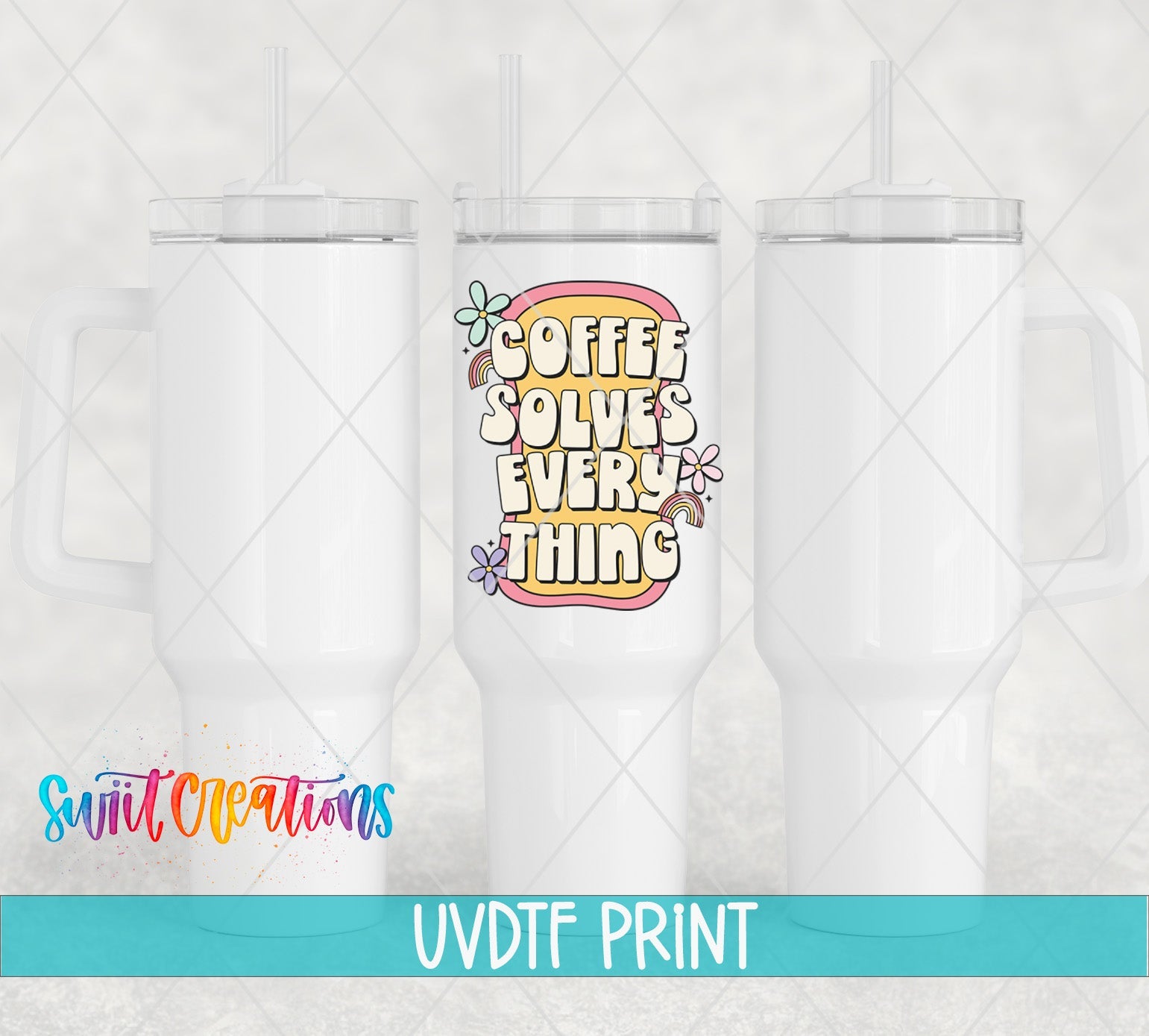 three coffee mugs with the words coffee solves every thing on them
