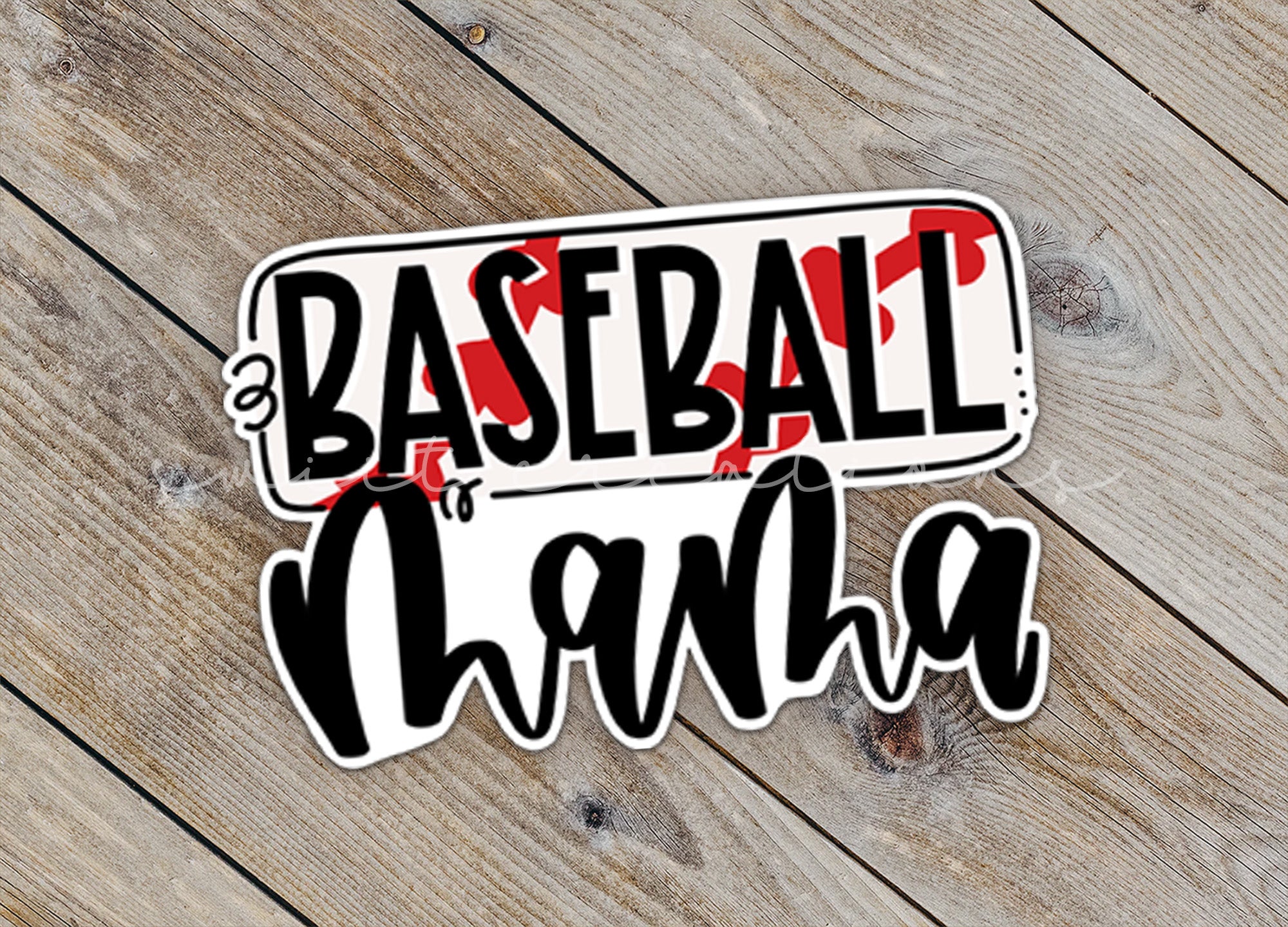 a sticker with the words baseball and a bat on it