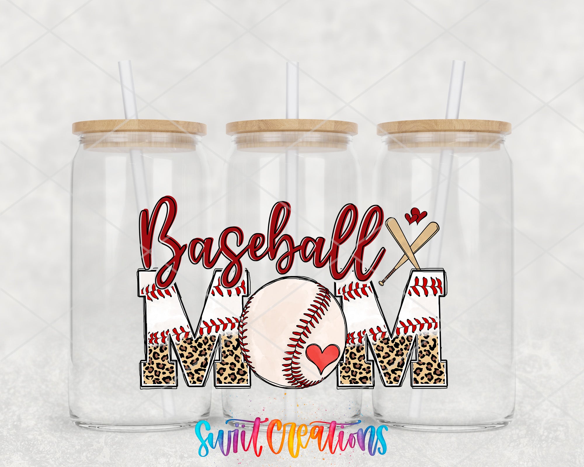 A set of three clear glass tumblers with straws, each featuring a design that says "Baseball Mom" in a stylized font.
