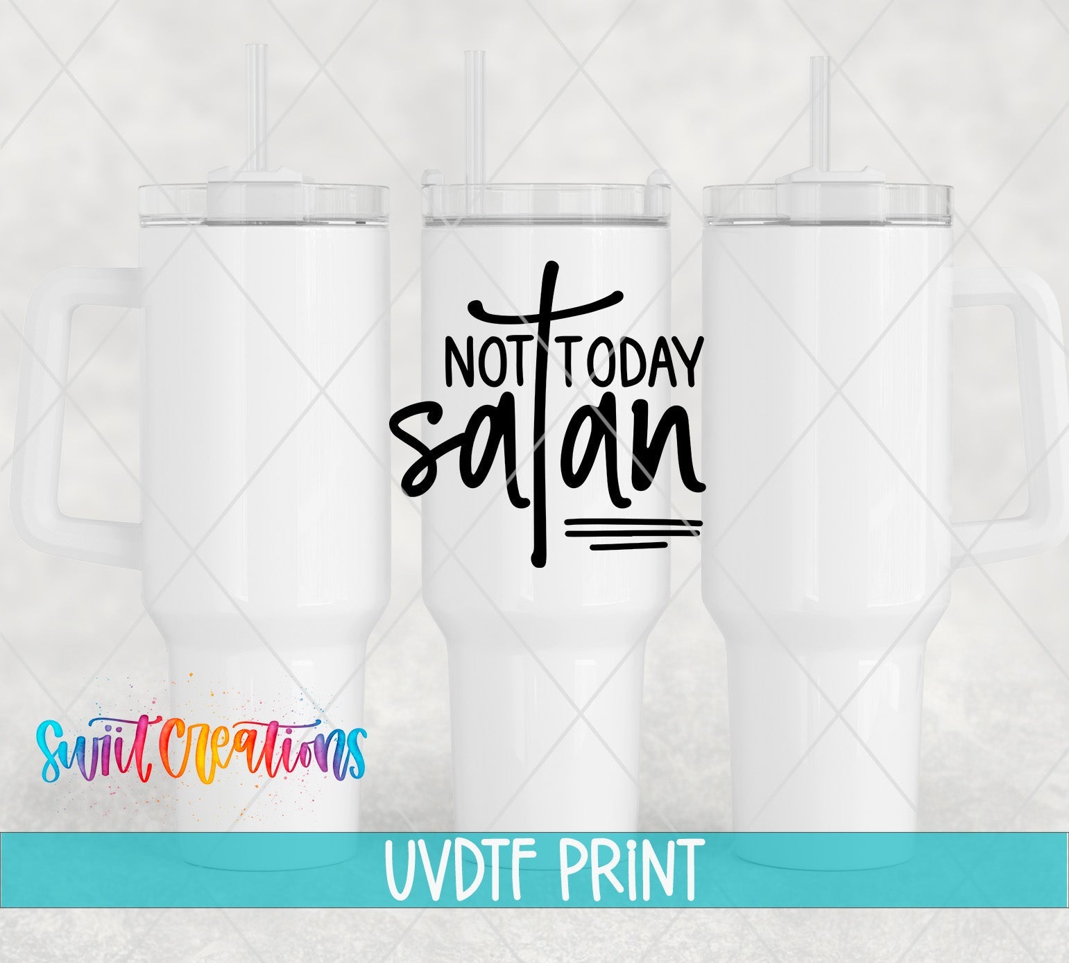 three white coffee mugs with the words not today satan on them