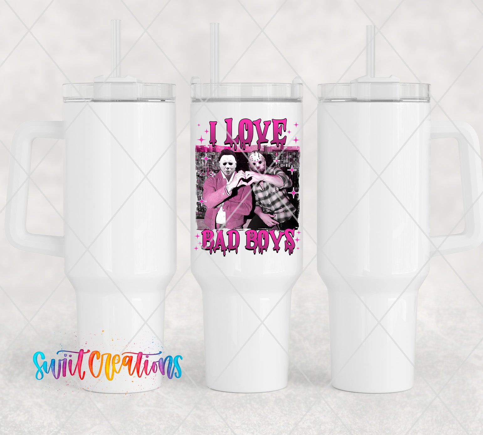 two white tumblers with a picture of a woman on them