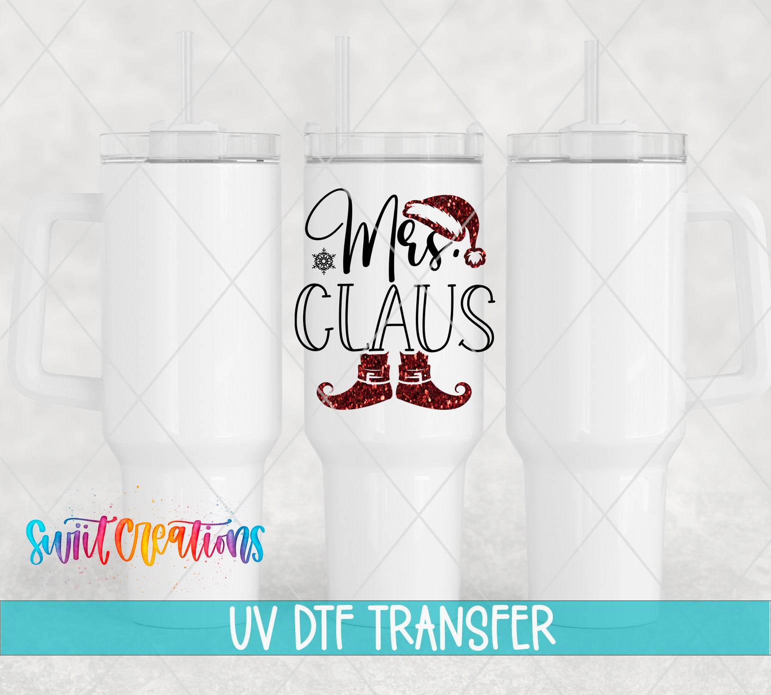 three white tumblers with a design that says "Mrs Claus" and a red and black pattern resembling a Santa hat and reindeer.