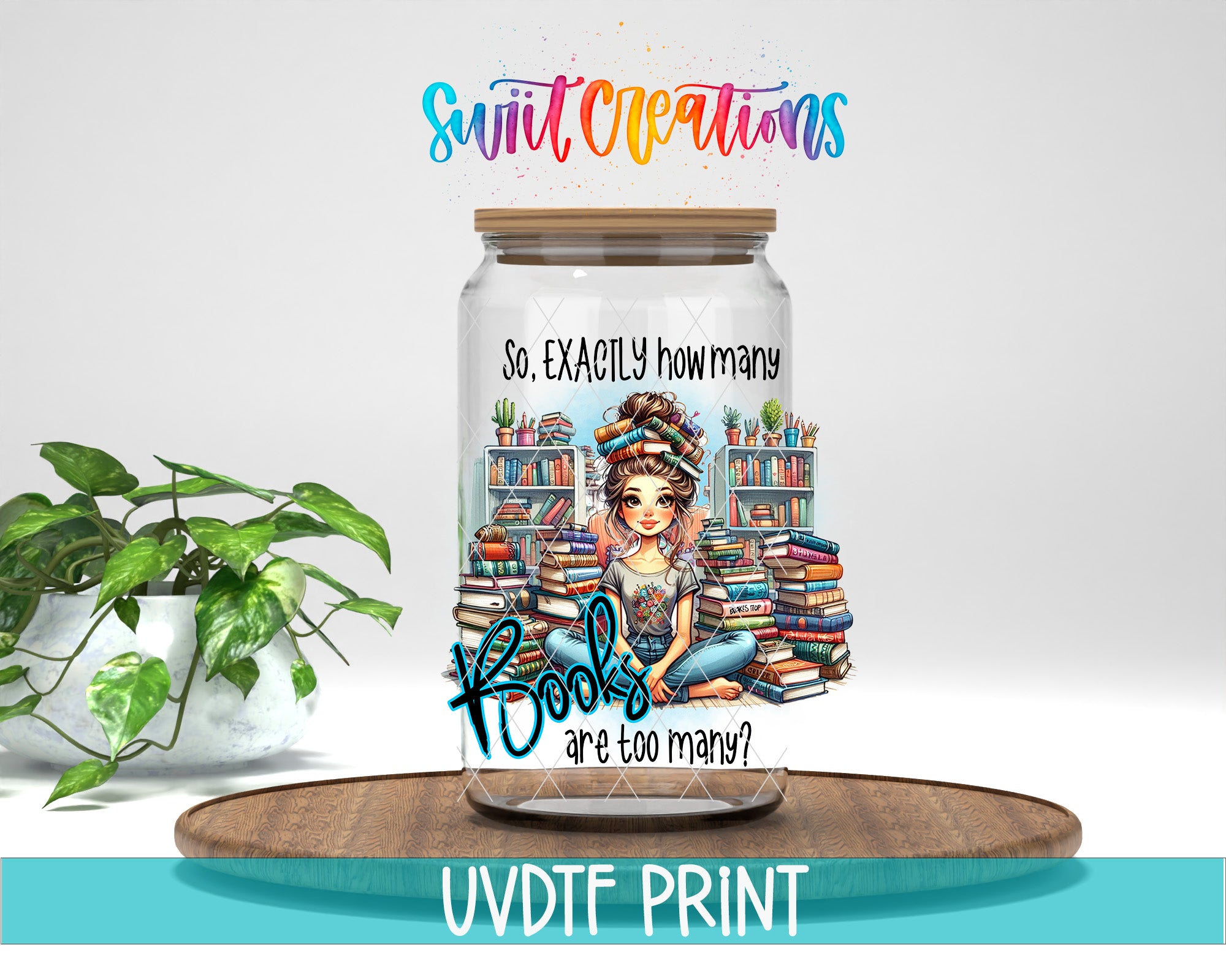 a glass jar with a picture of a woman sitting on a pile of books