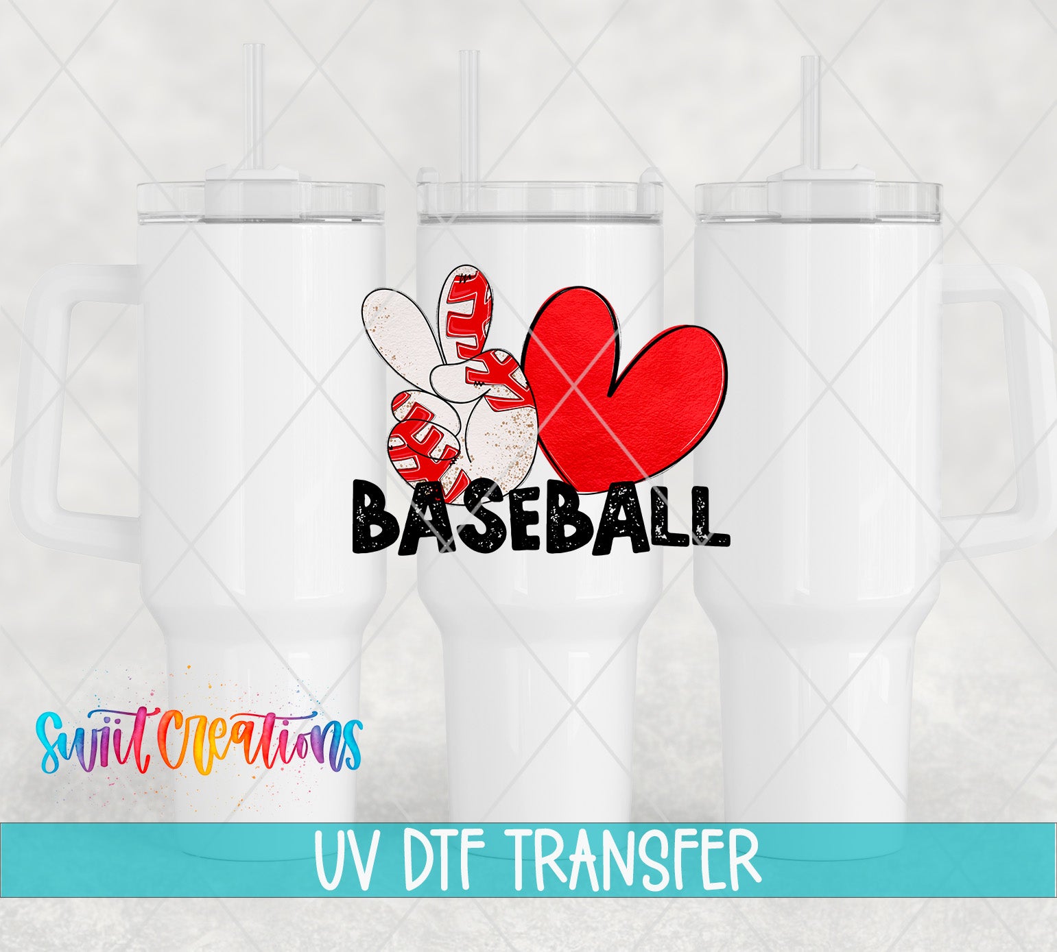 three white tumblers with a baseball-themed design, including a red heart and the word "BASEBALL" written in bold black letters.