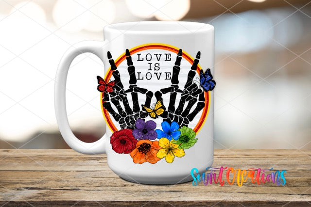 a coffee mug with a peace sign and flowers on it