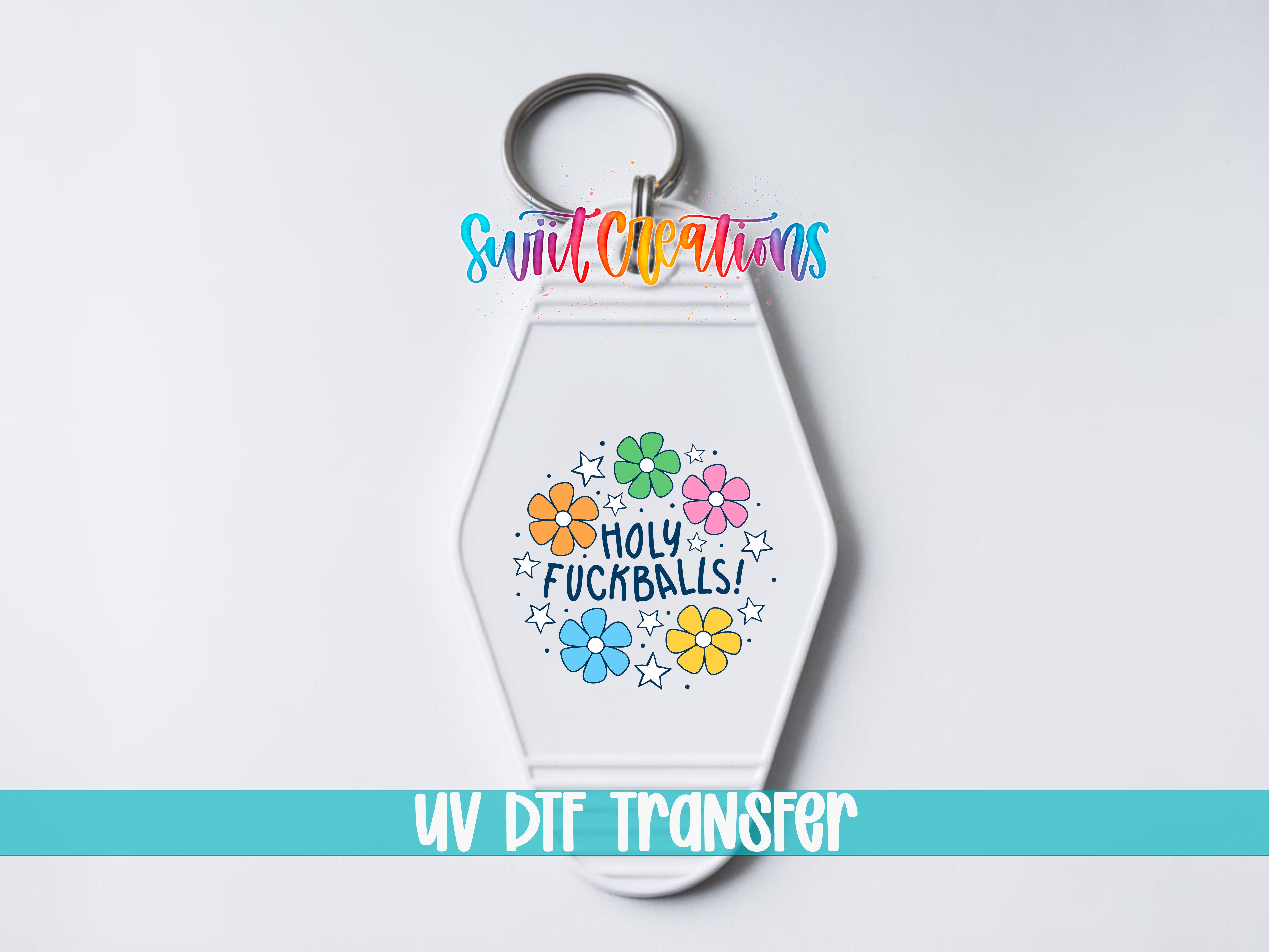 A keychain with a colorful design and text on it, along with a UV dye transfer logo.