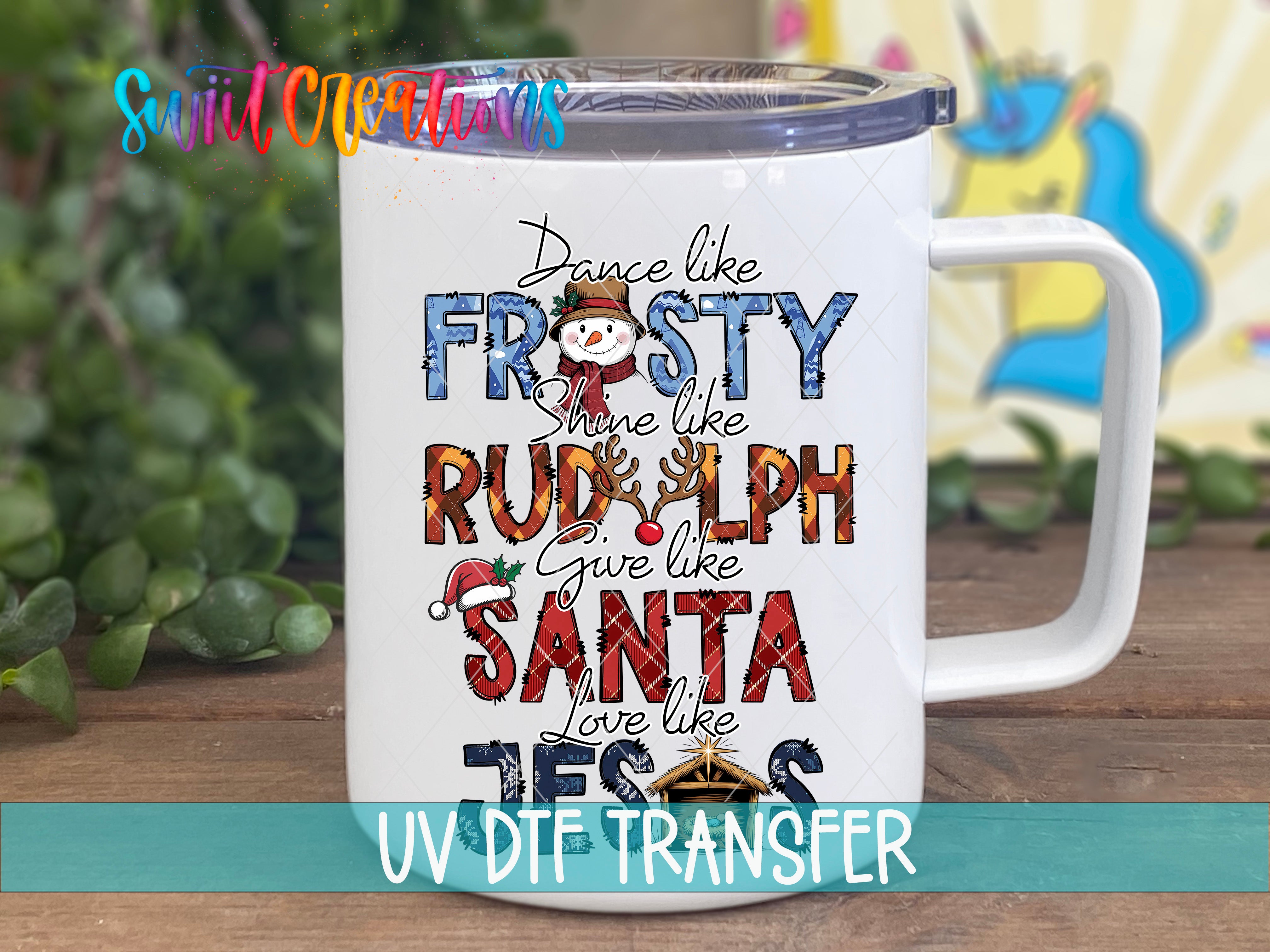 A white mug with a colorful design featuring text and illustrations related to Christmas and winter themes.