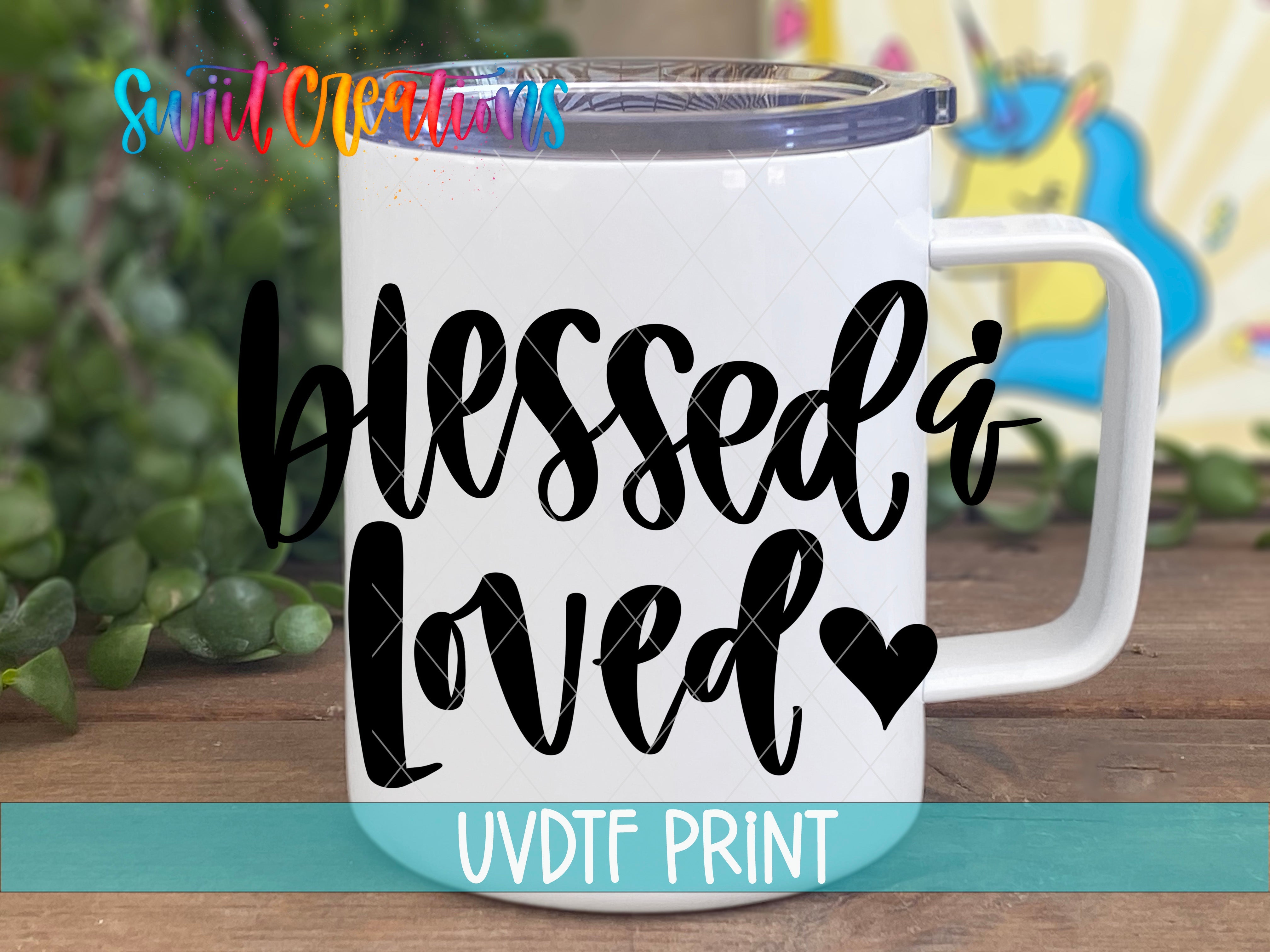 a white coffee mug with the words blessed and love on it