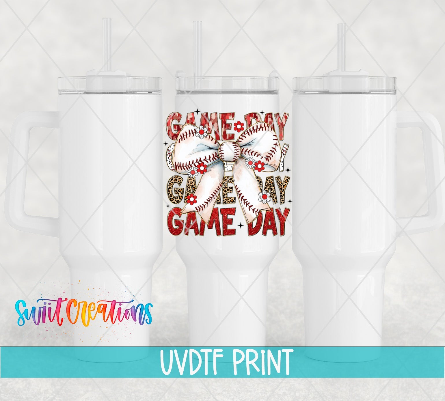 three white tumblers with the words game day on them