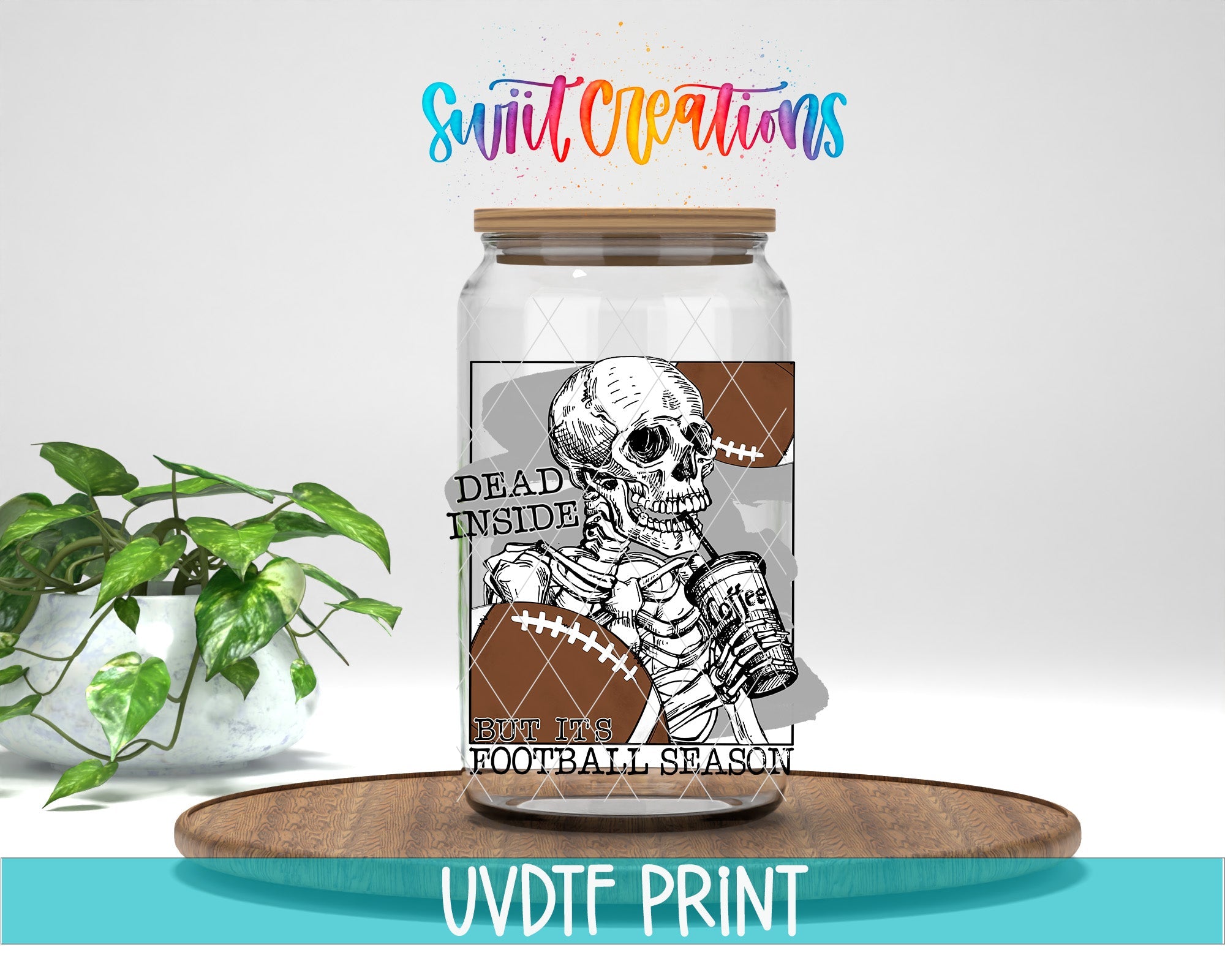 a jar with a skeleton holding a football ball