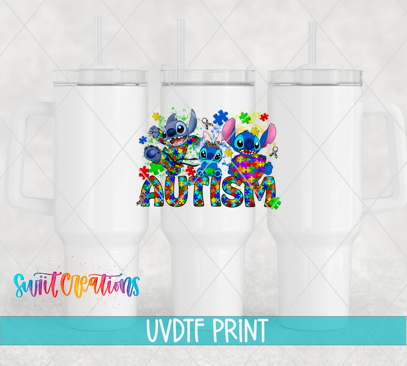 a white tumbler with a colorful graphic design on it, which includes characters and the word "Autism" written in a stylized font.
