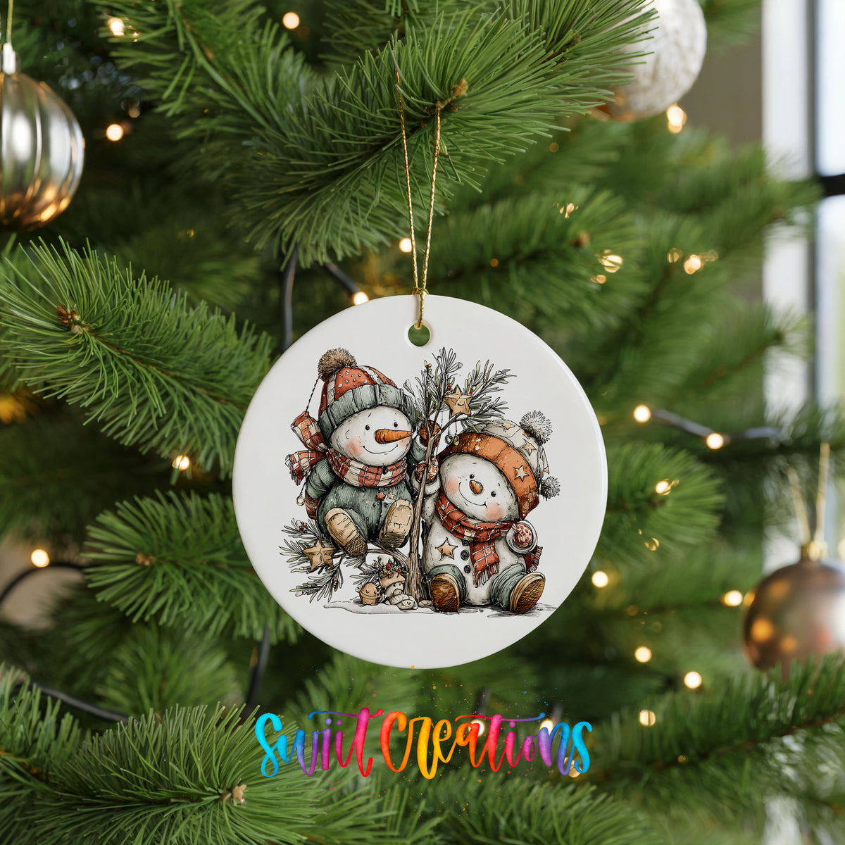 A white ceramic ornament featuring two snowmen is hanging on a Christmas tree, surrounded by other ornaments and lights.