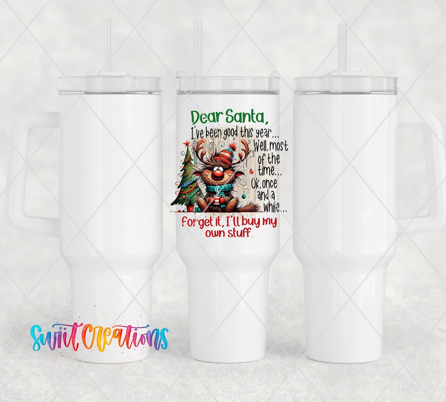 a pair of white tumblers with a picture of a santa clause on them