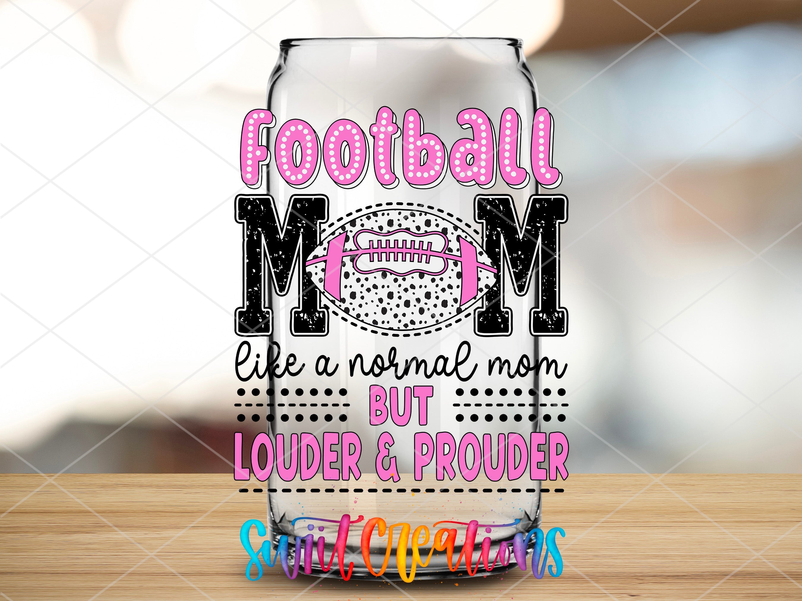 a glass with a football mom on it