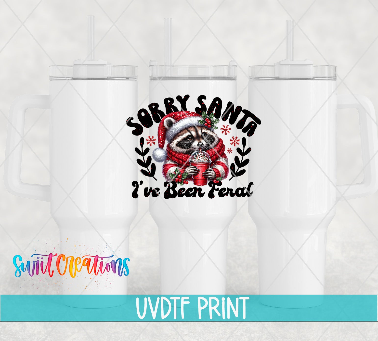 a white mug with a printed design that says "Sorry Santa, I've been fired" along with a raccoon wearing a Santa hat and holding a cup of hot chocolate.