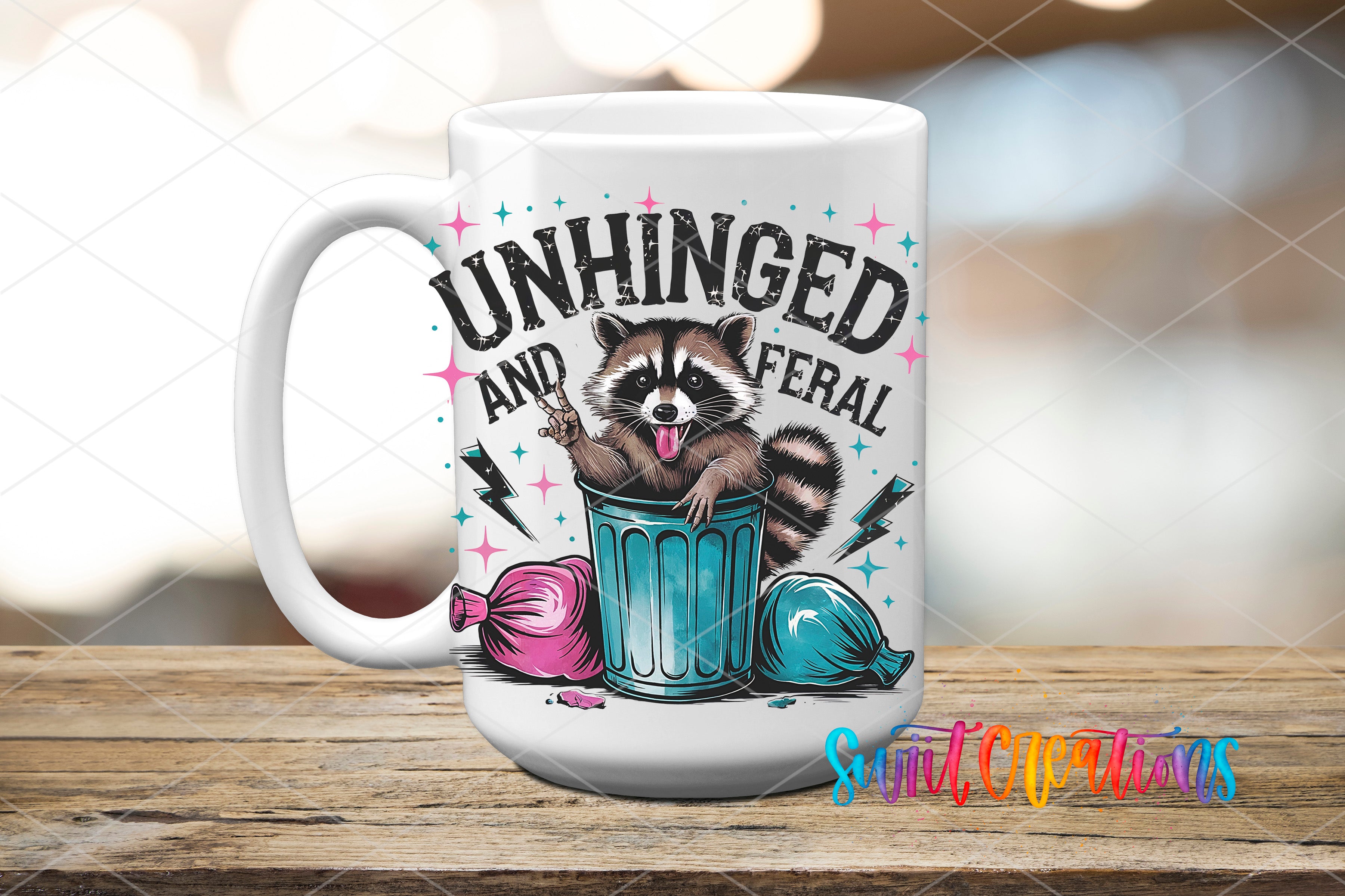 A white mug with a colorful graphic design featuring a raccoon sitting in a trash can, surrounded by various objects.