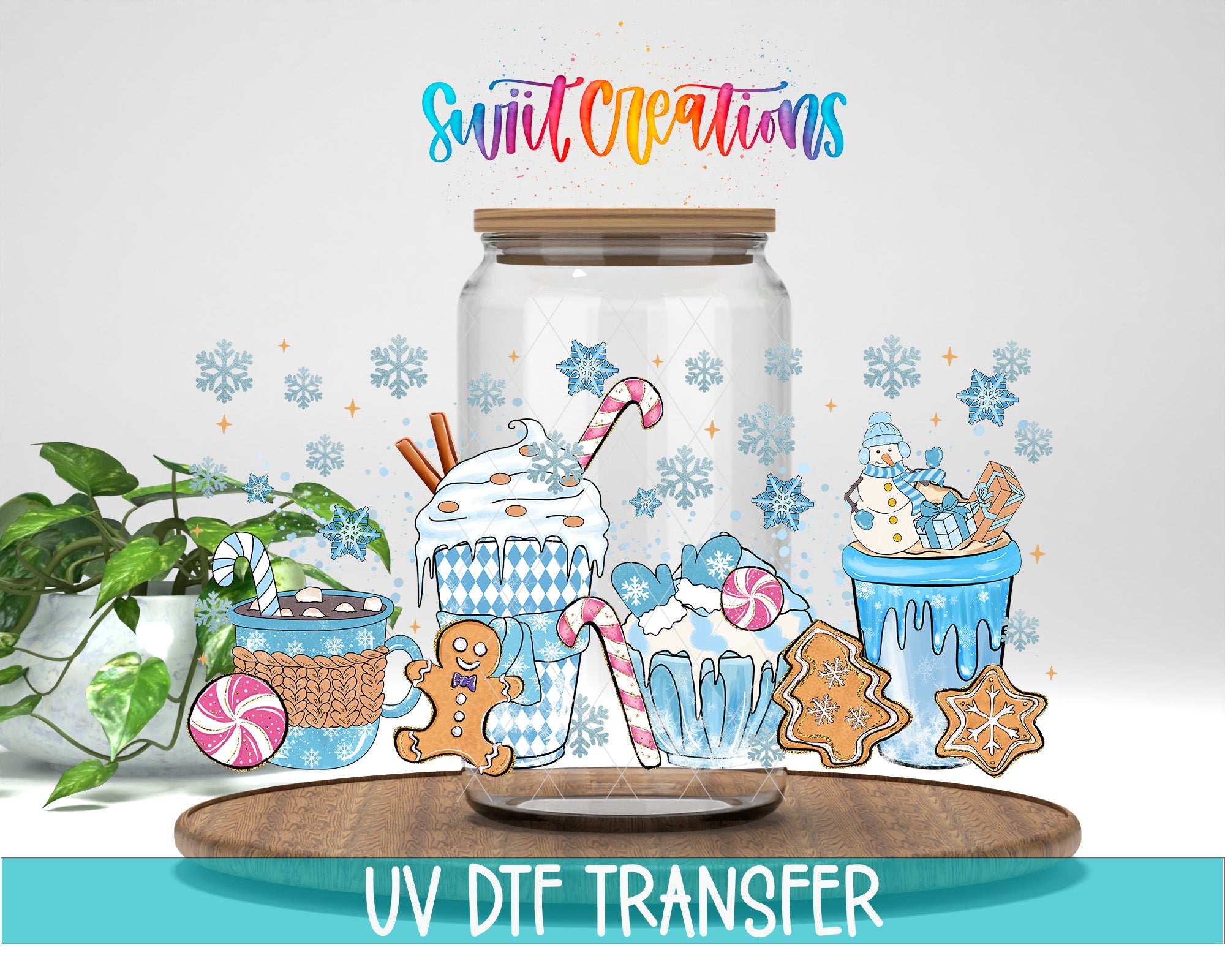 The image is a colorful illustration featuring various desserts and sweets, including a jar, a cup, a gingerbread man, and a snowman, all surrounded by snowflakes and stars. The text "Swift Creations" is written above the illustration, and "UV Dtf Transfer" is written at the bottom of the image.