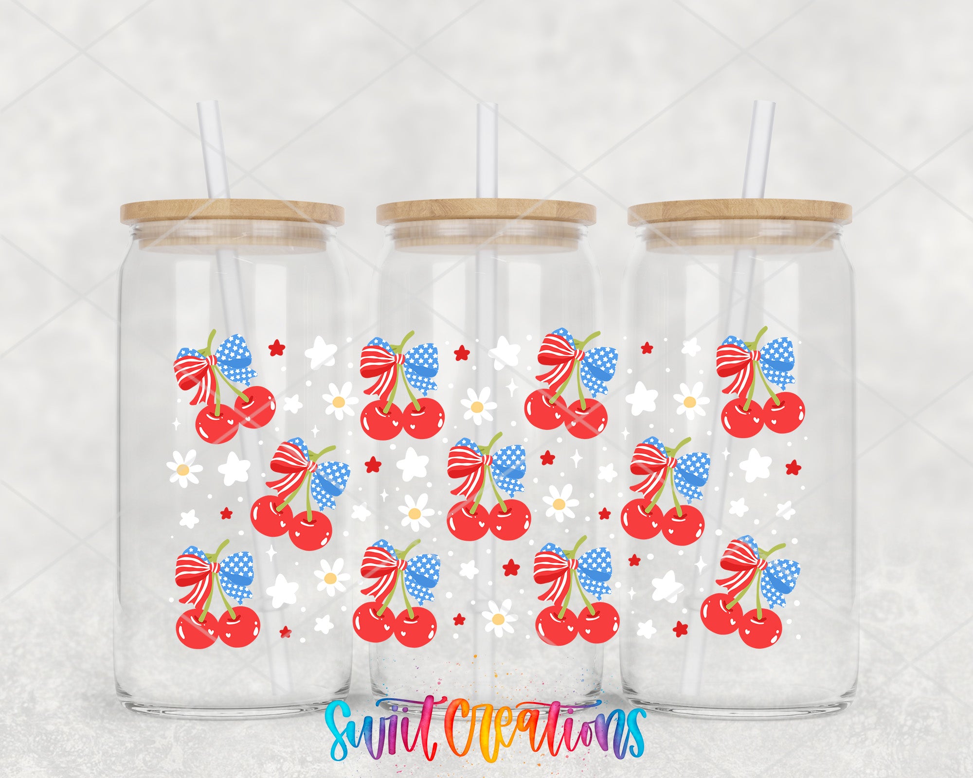 Three glass tumblers with a patriotic design featuring cherries, stars, and stripes.