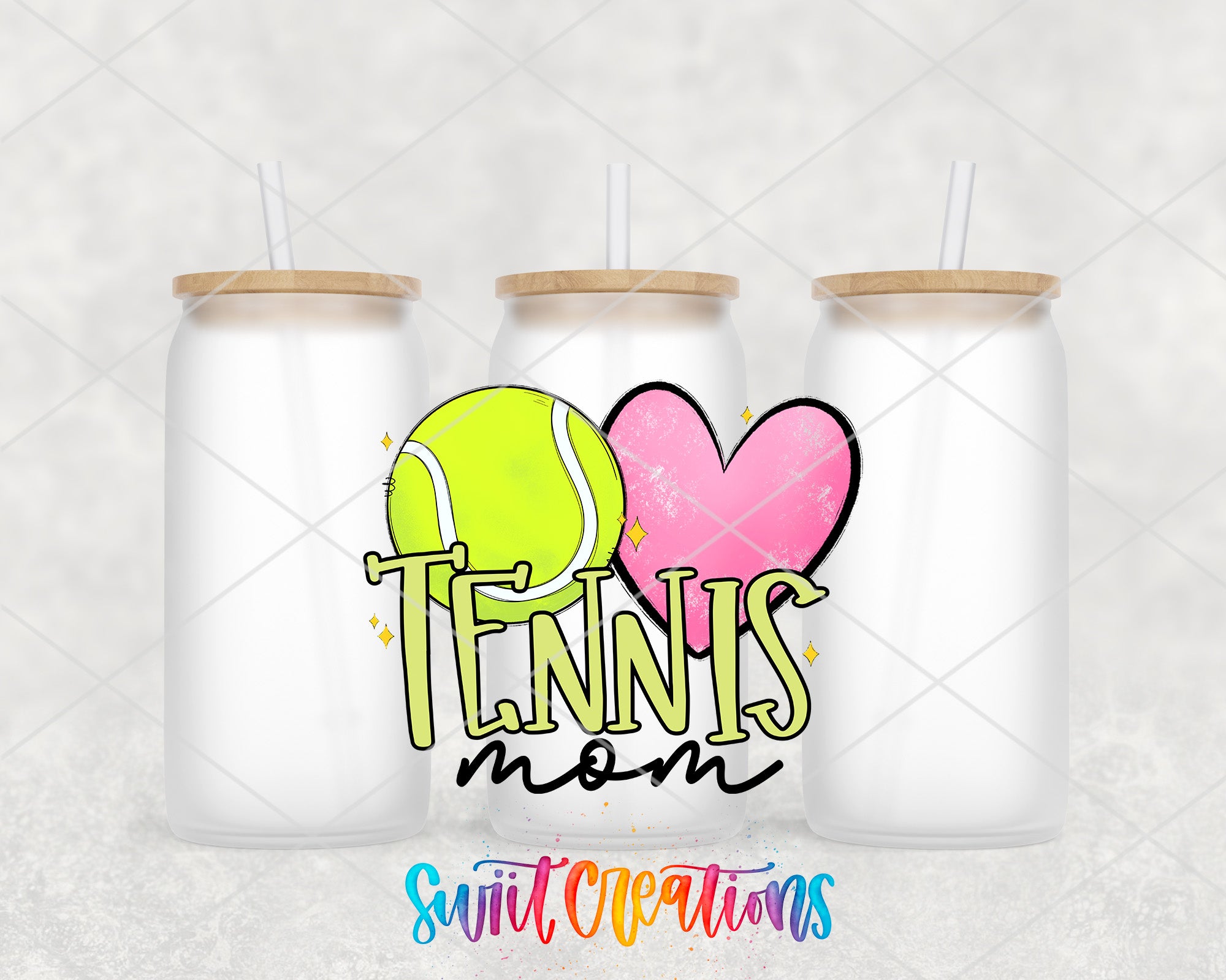 three white tumblers with wooden lids, each containing a straw, and a colorful graphic design that includes a tennis ball, a heart, and the text "Tennis mom".