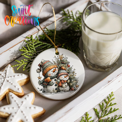 a festive scene with a snowman ornament, cookies, and a glass of milk on a table.