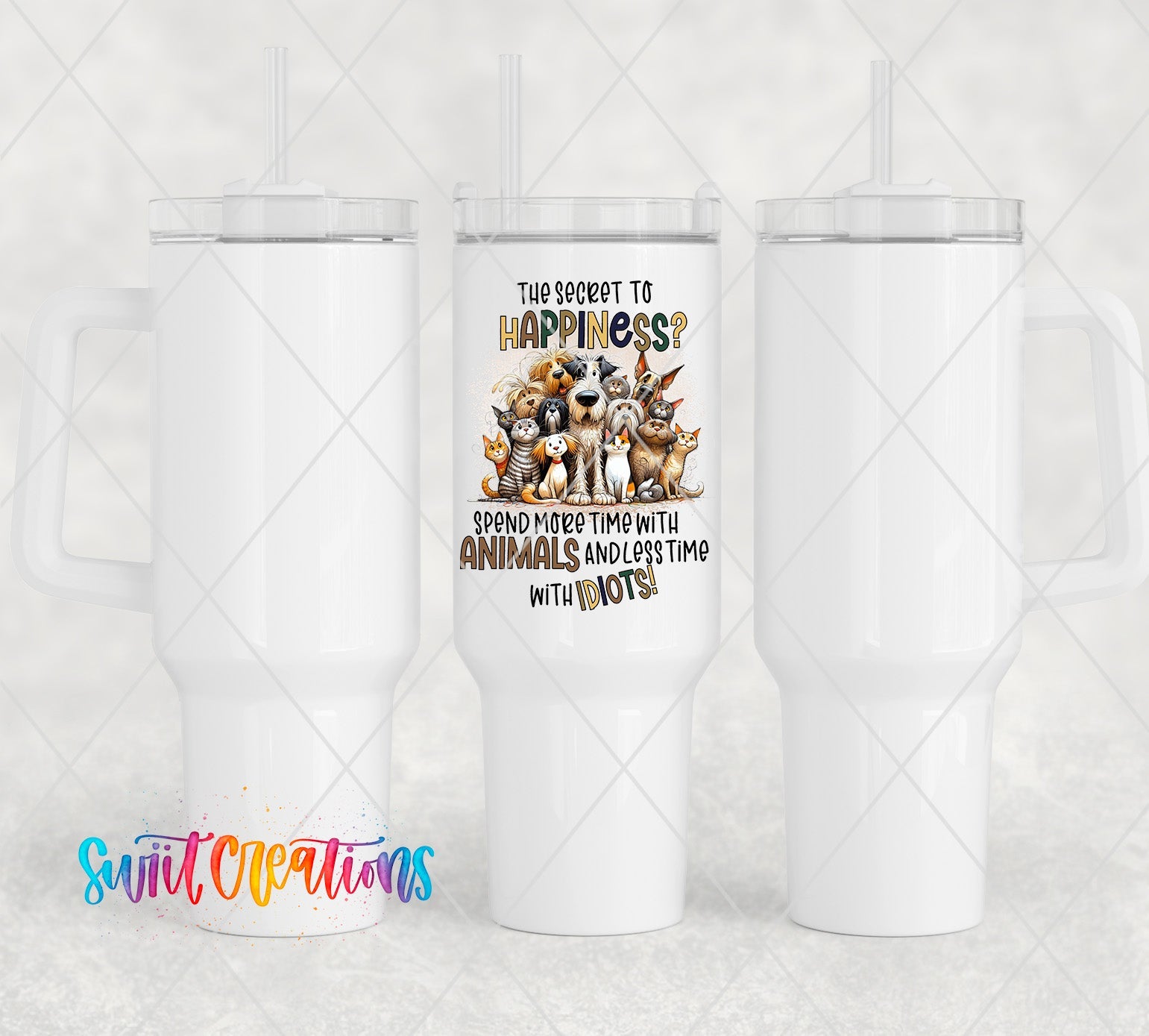 a white tumbler with a picture of three dogs on it