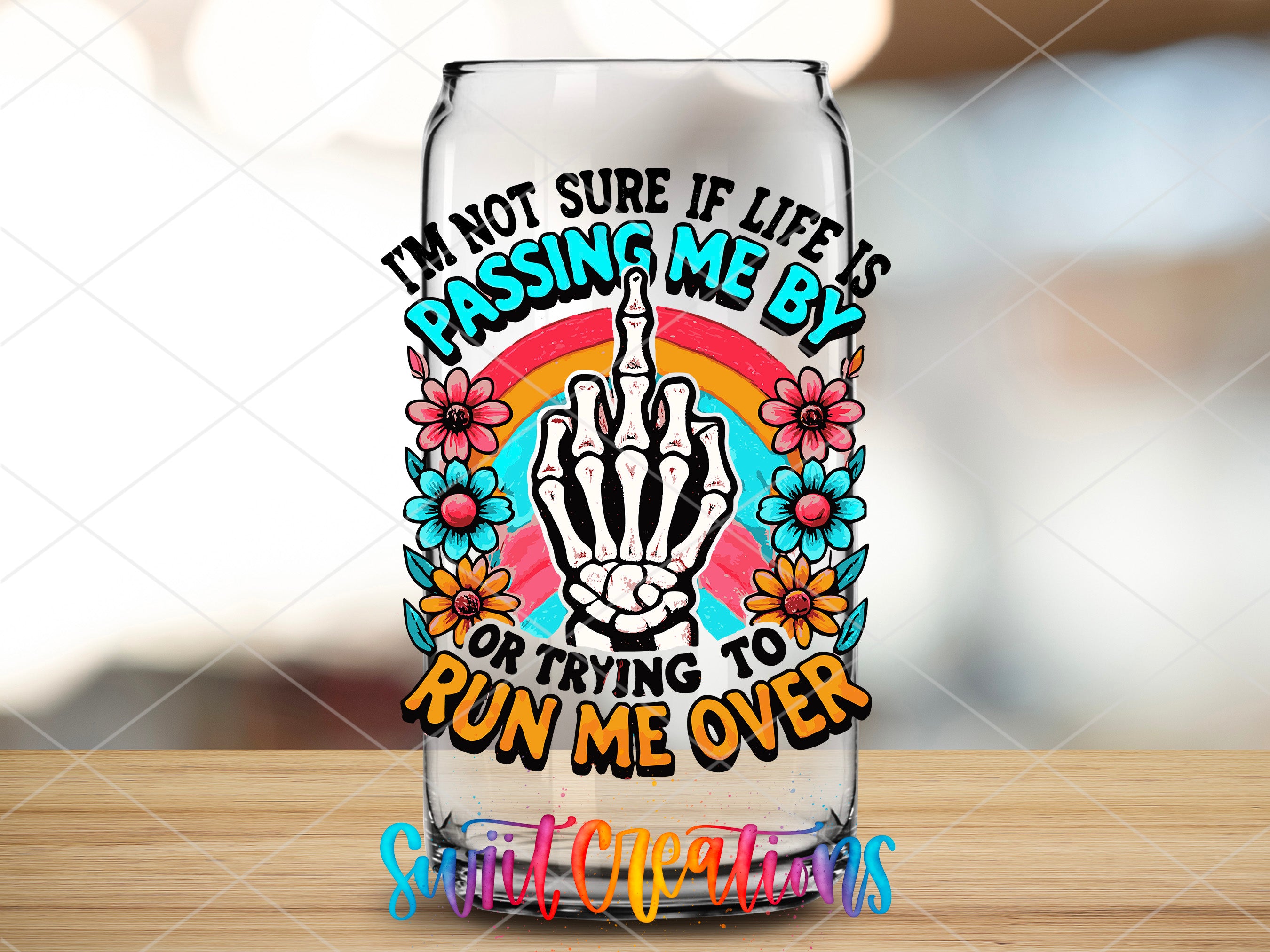 a glass with a hand holding a flower and saying i'm not sure if