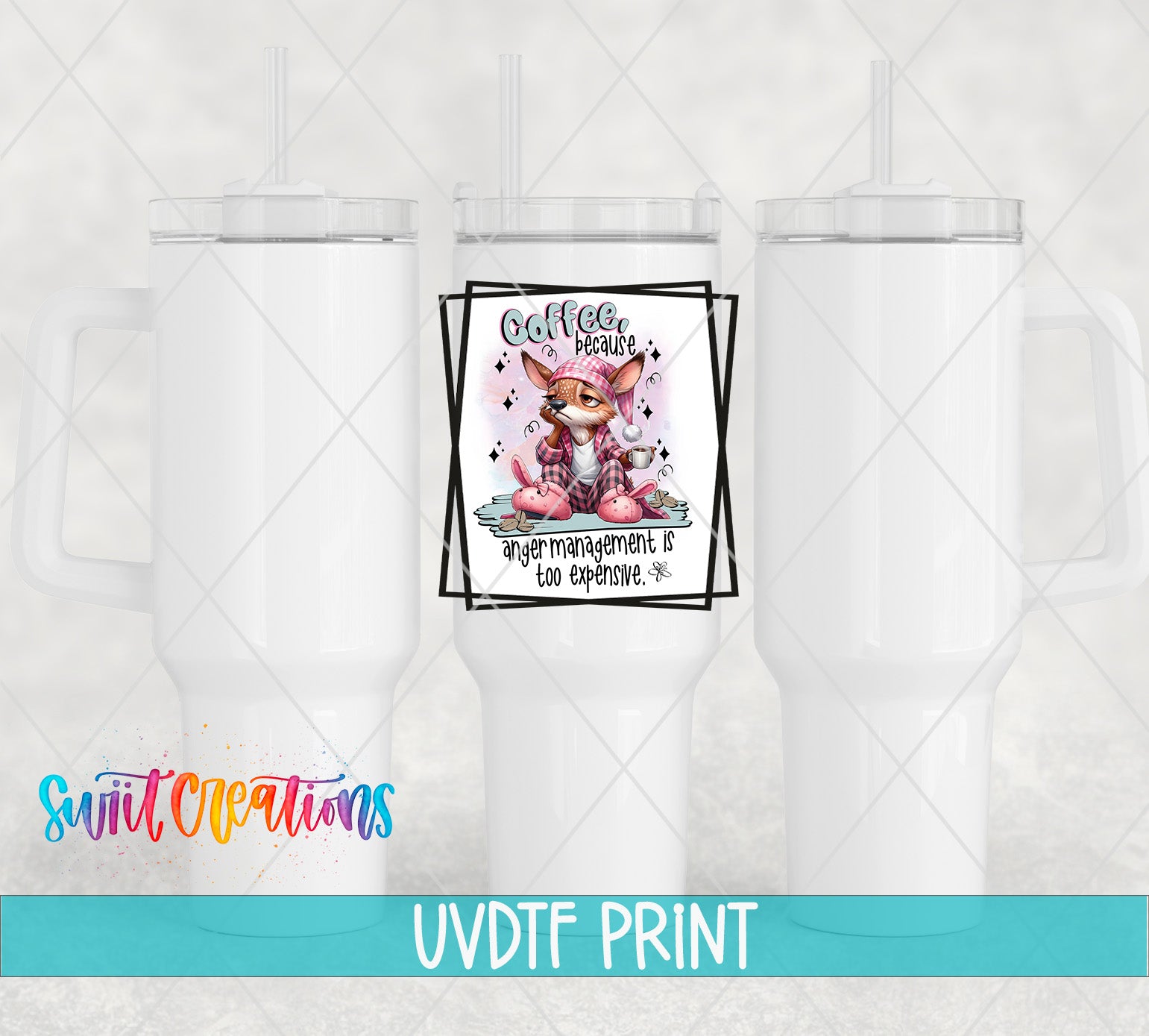 a white cup with a printed design on it, along with a logo for "Swit Creations" and the text "UVDF PRINT".