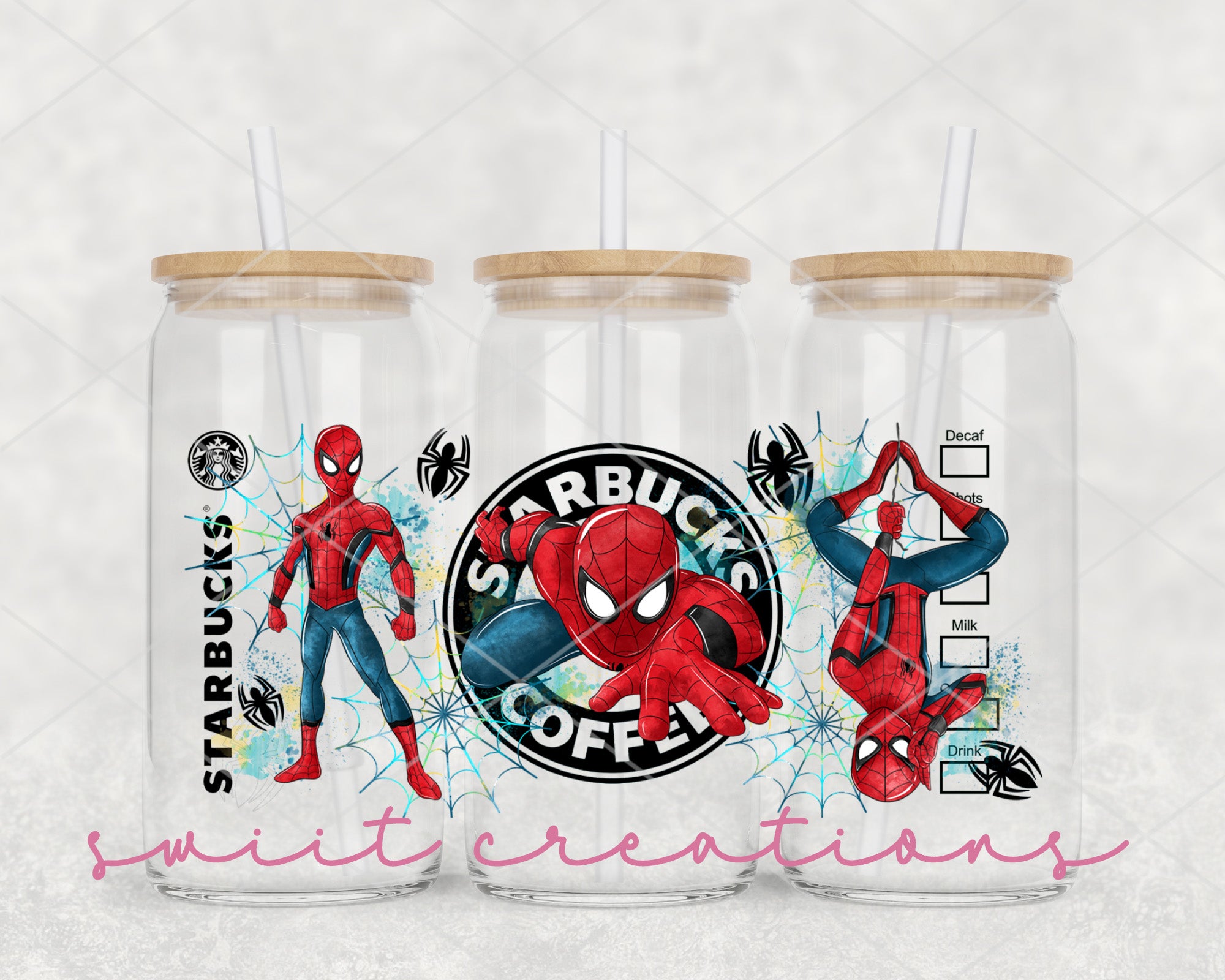 two spider - man tumblers with straw tops on a white background