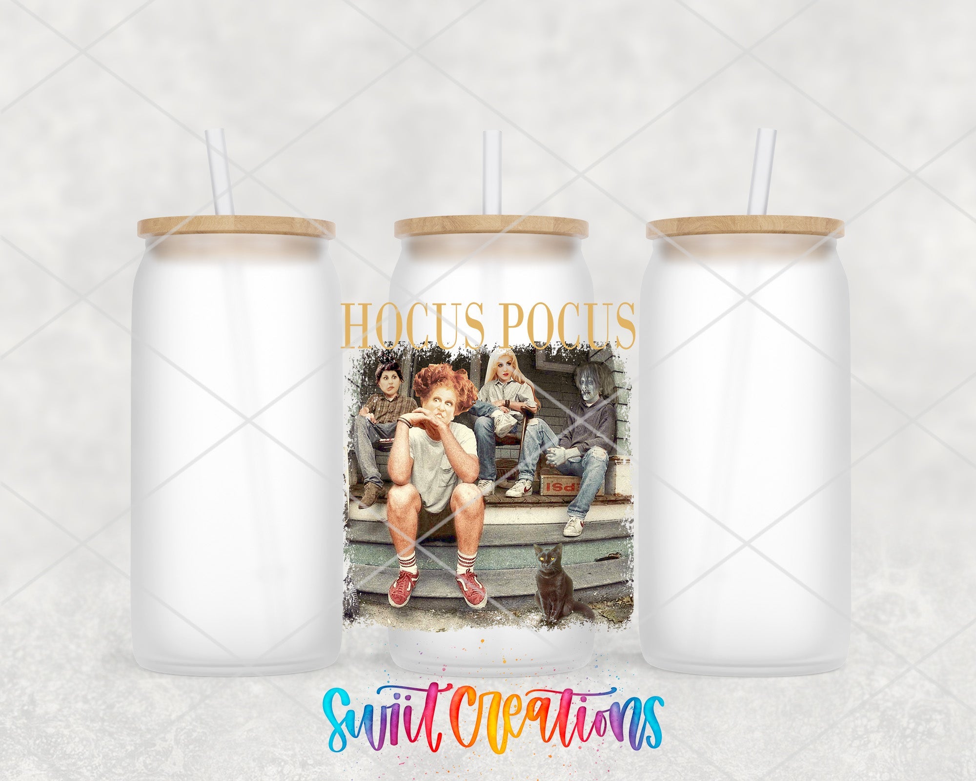 two plastic cups with a picture of two people on them