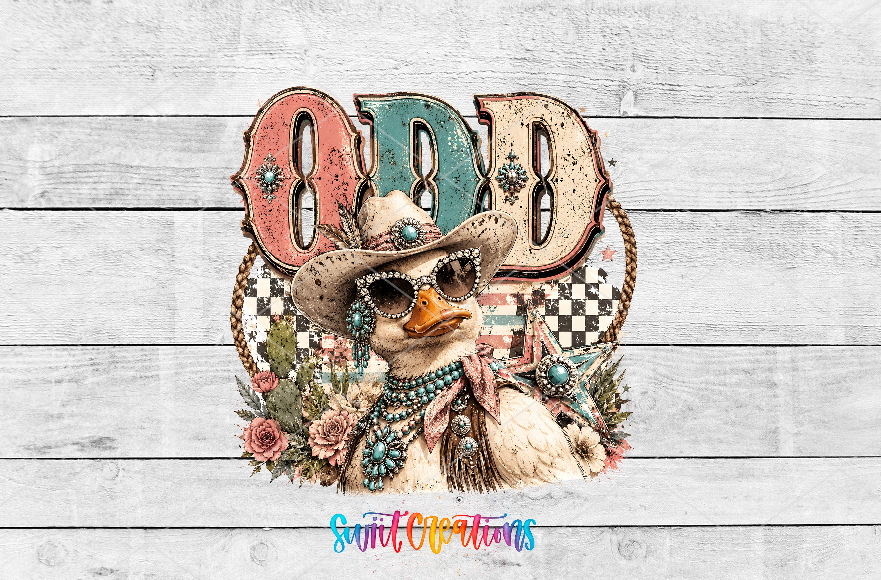 A whimsical illustration featuring a duck wearing sunglasses and a cowboy hat, surrounded by flowers and a checkered pattern.