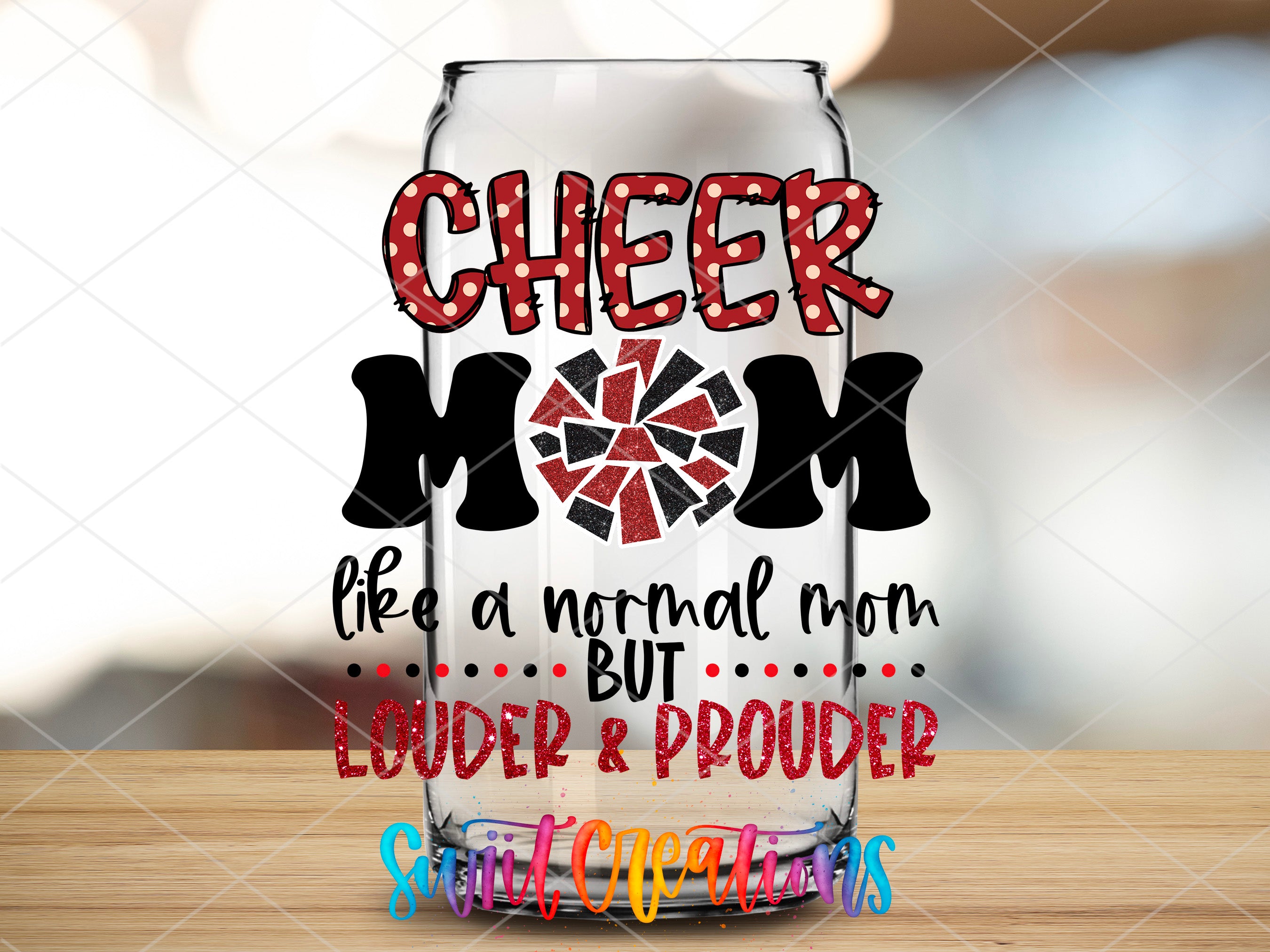 a glass with the words cheer mom on it