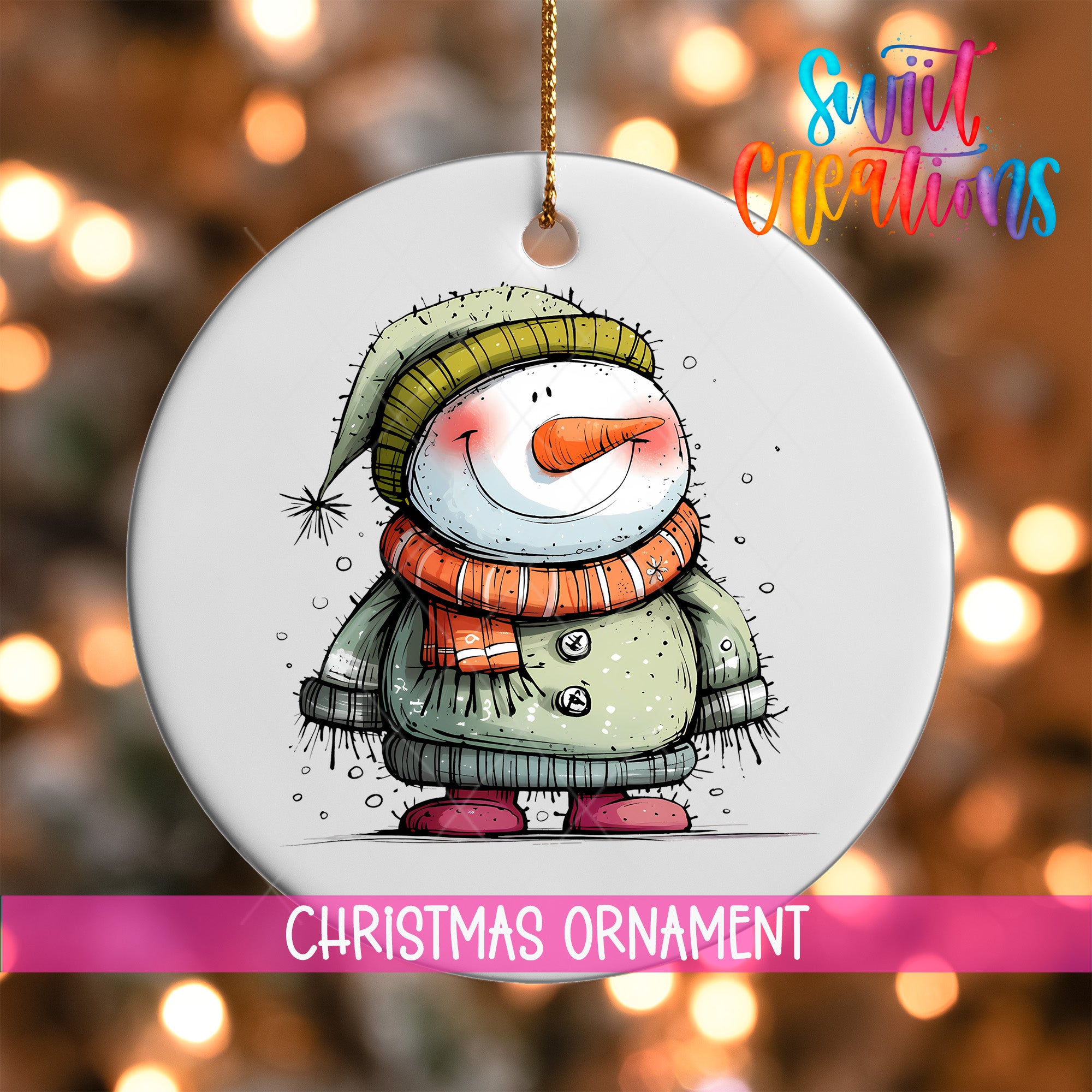 A white Christmas ornament featuring a smiling snowman wearing a green hat and scarf, with a red scarf and boots.