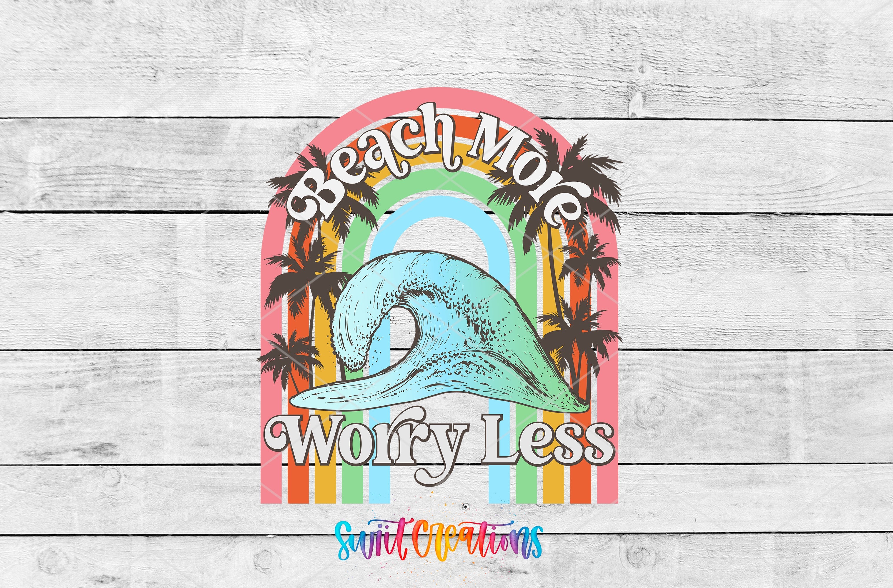 a wooden wall with a surfboard and palm trees