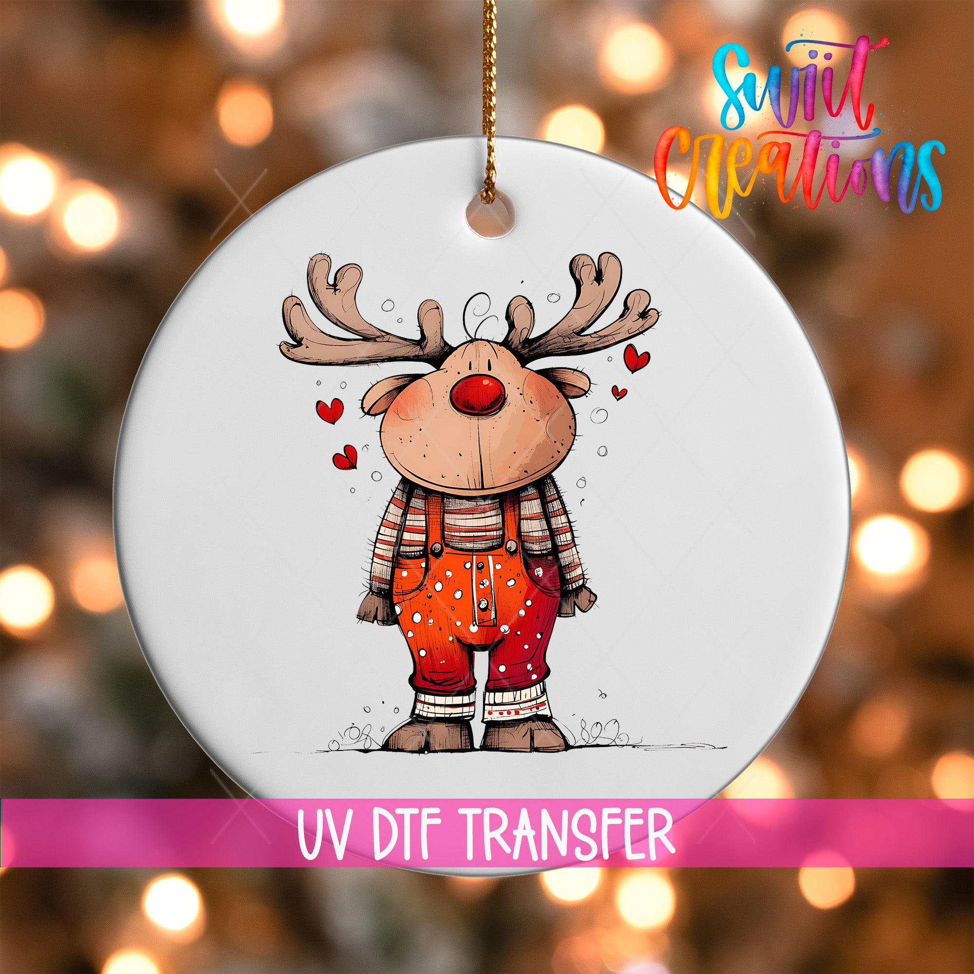 A white ornament featuring a cartoon reindeer with antlers and a red nose, surrounded by hearts, against a background of colorful lights.