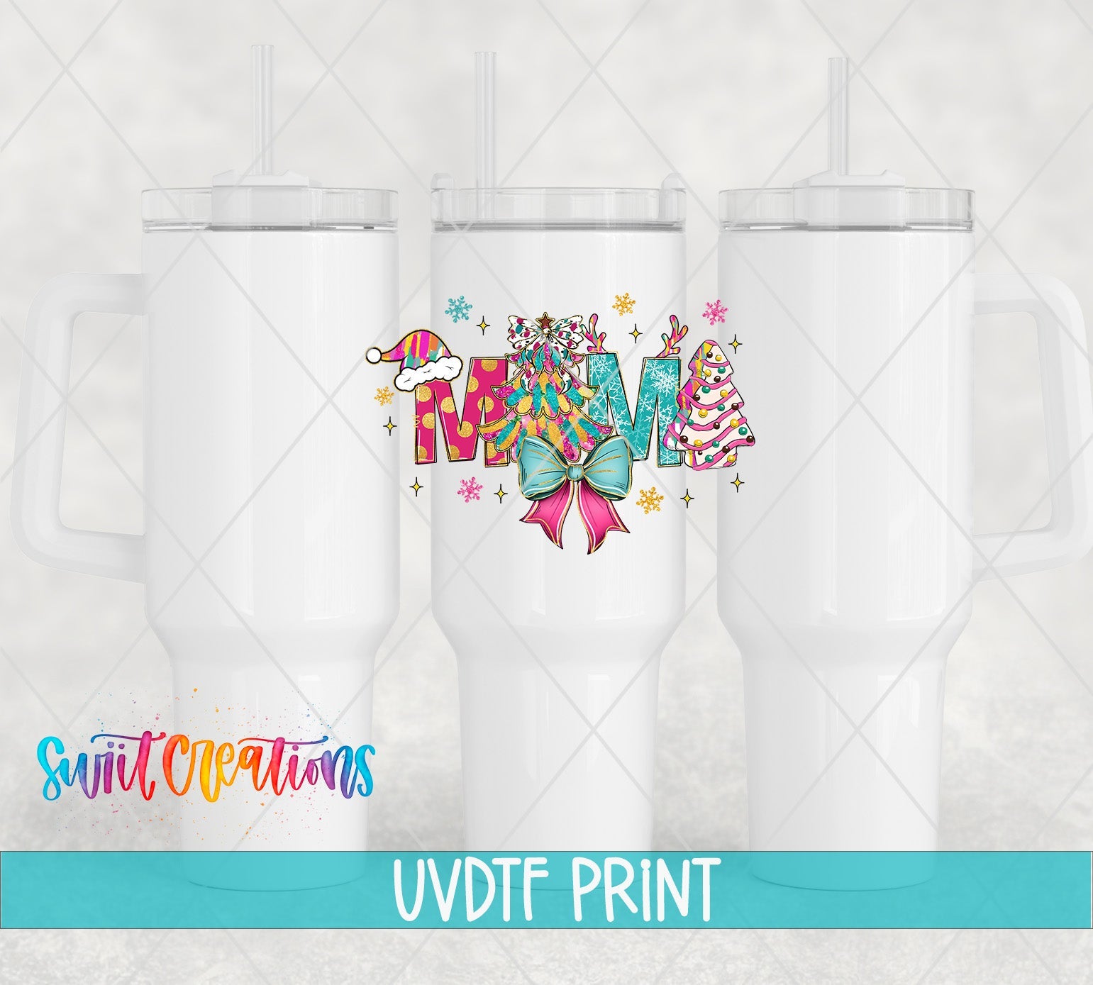 three white tumblers with the word mom on them