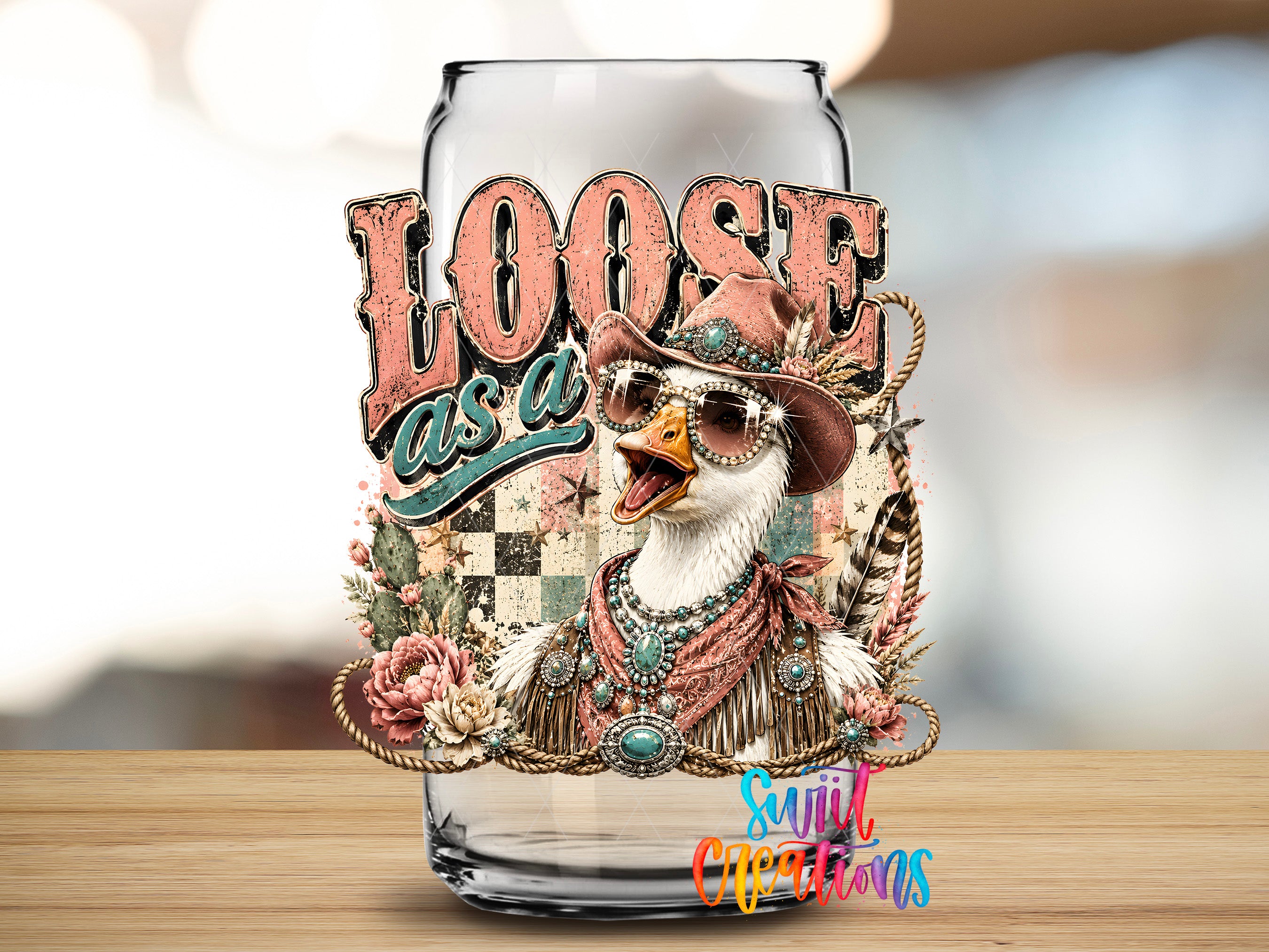 A glass jar with a colorful and whimsical design featuring a cartoon duck wearing sunglasses and a hat, surrounded by flowers and other decorative elements.