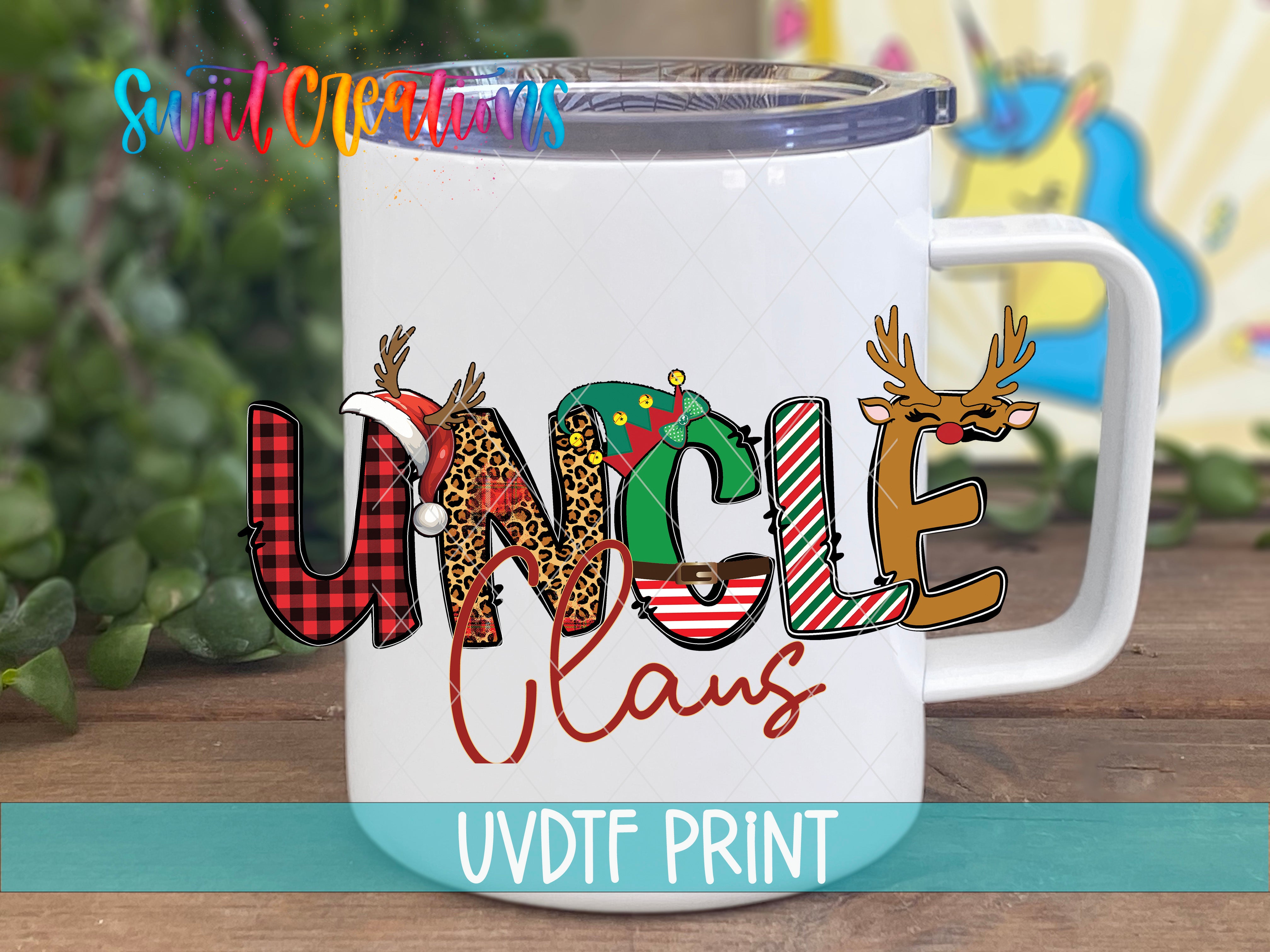 a white coffee mug with the words uncle claus on it