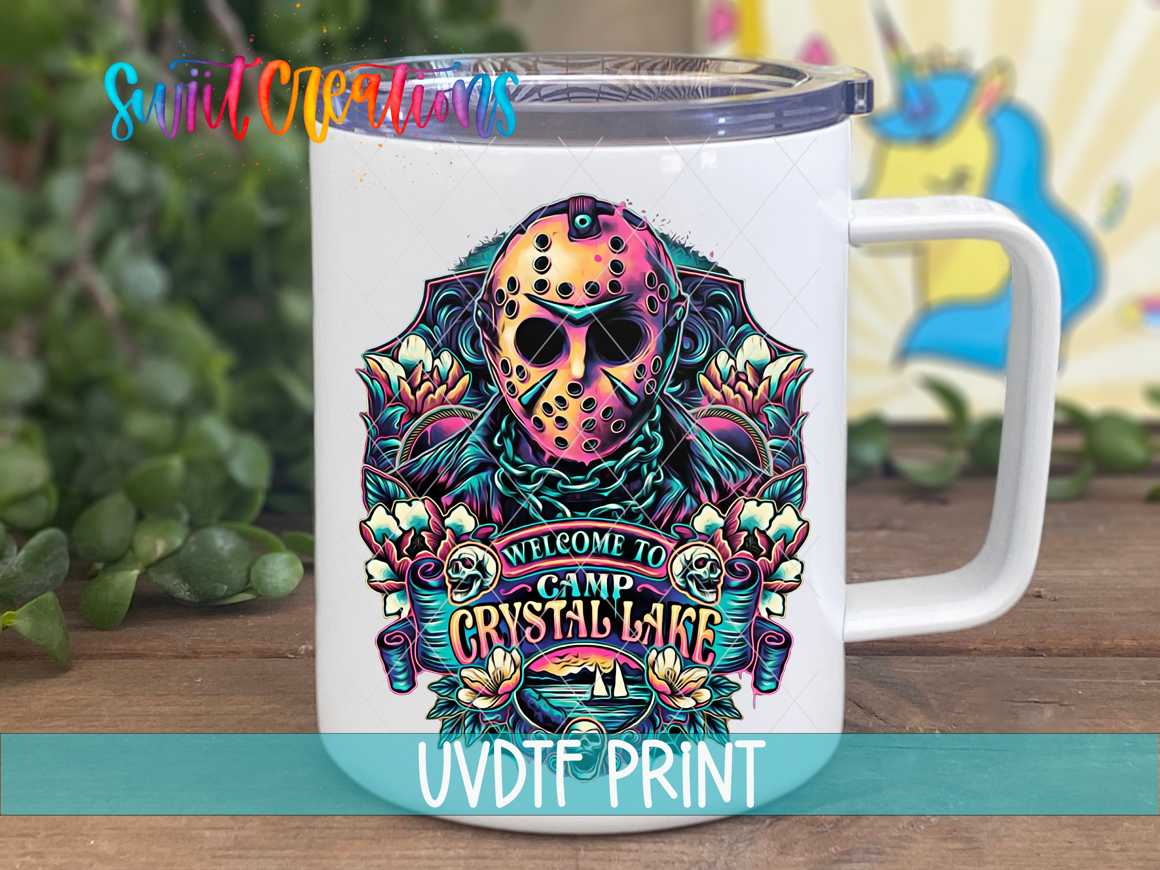 a white coffee mug with a colorful design on it